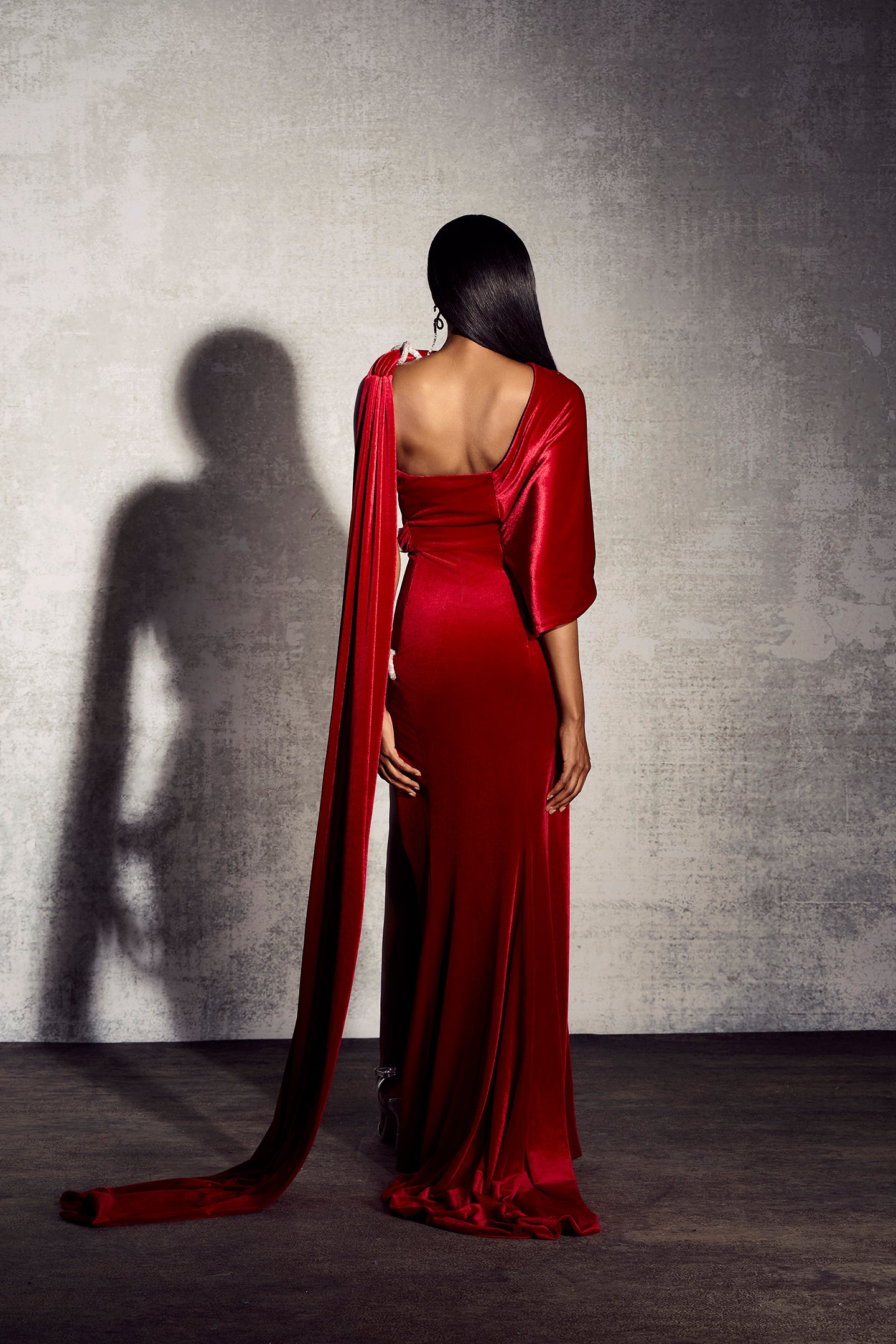 Kristin Asymmetrical Cape Velvet Maxi Dress