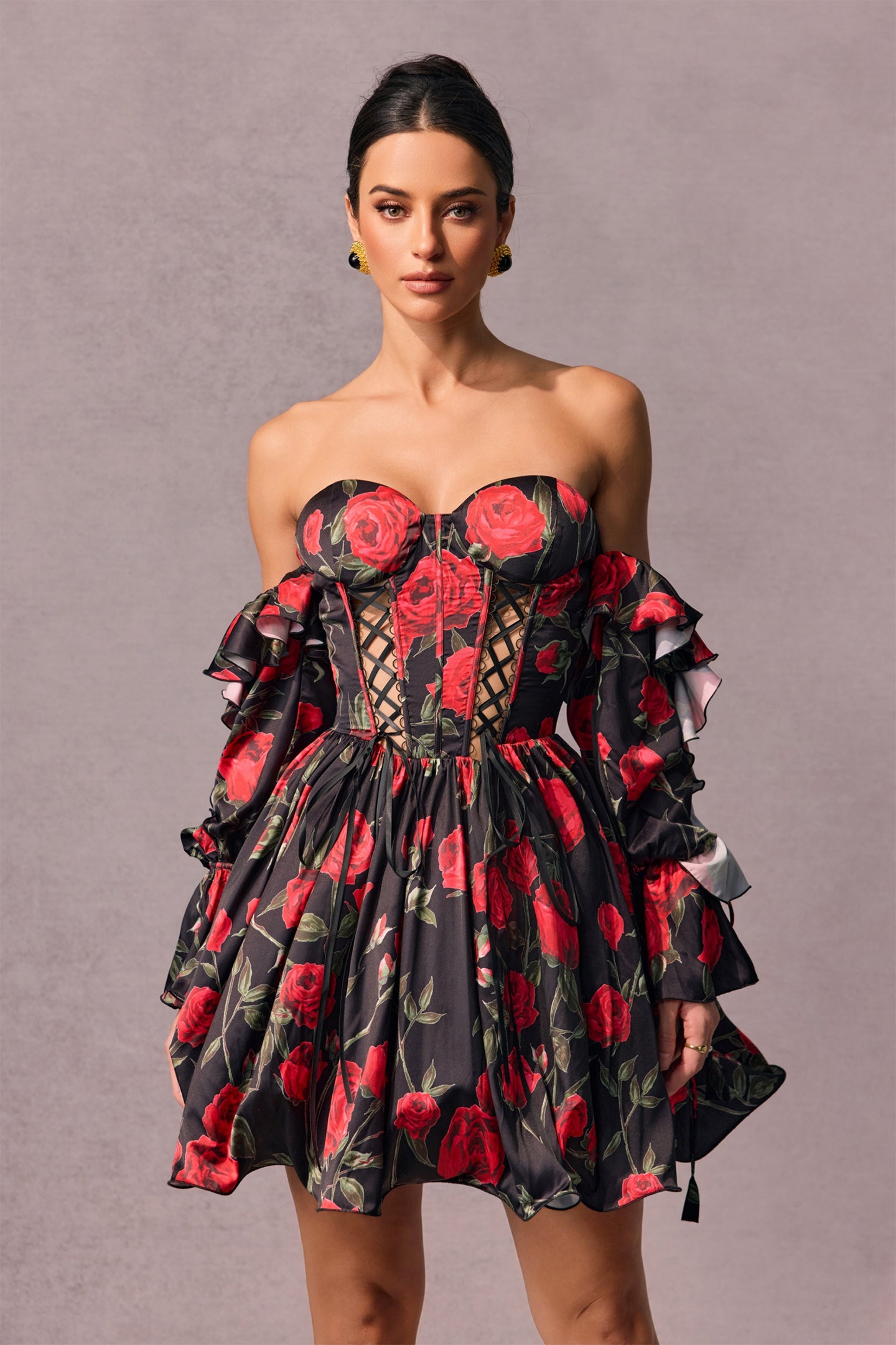 Elizabeth Rose Print Off Shoulder Corset Mini Dress