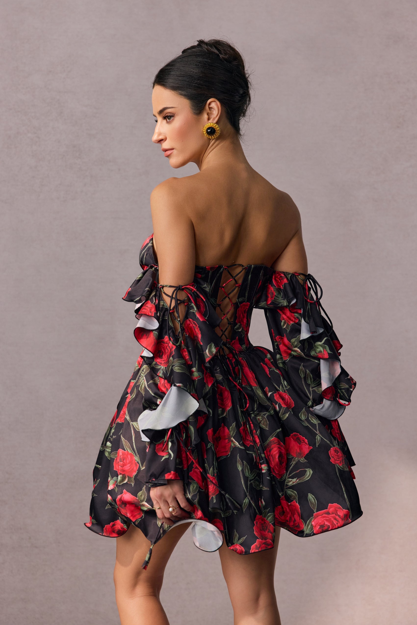 Elizabeth Rose Print Off Shoulder Corset Mini Dress