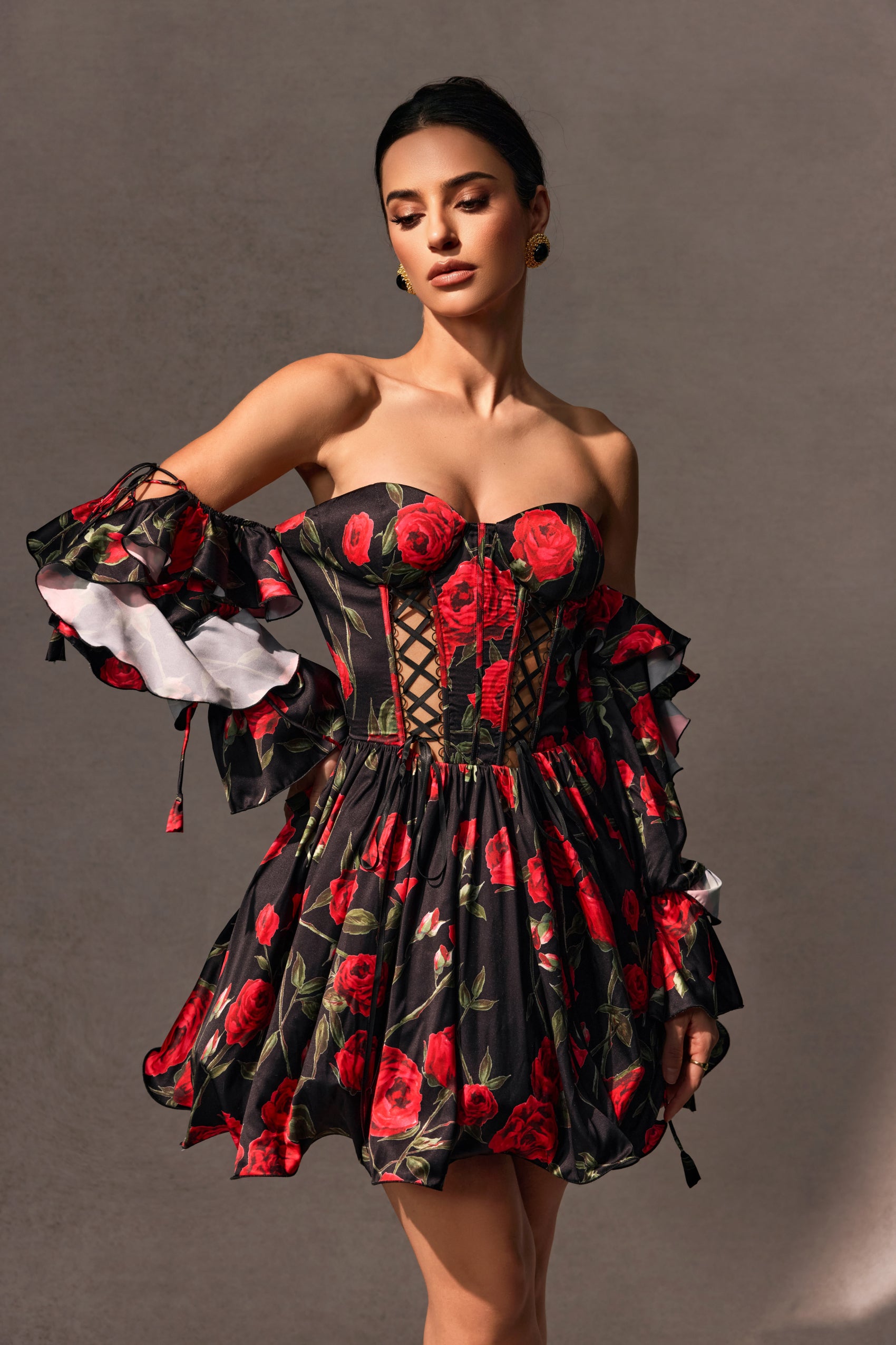 Elizabeth Rose Print Off Shoulder Corset Mini Dress