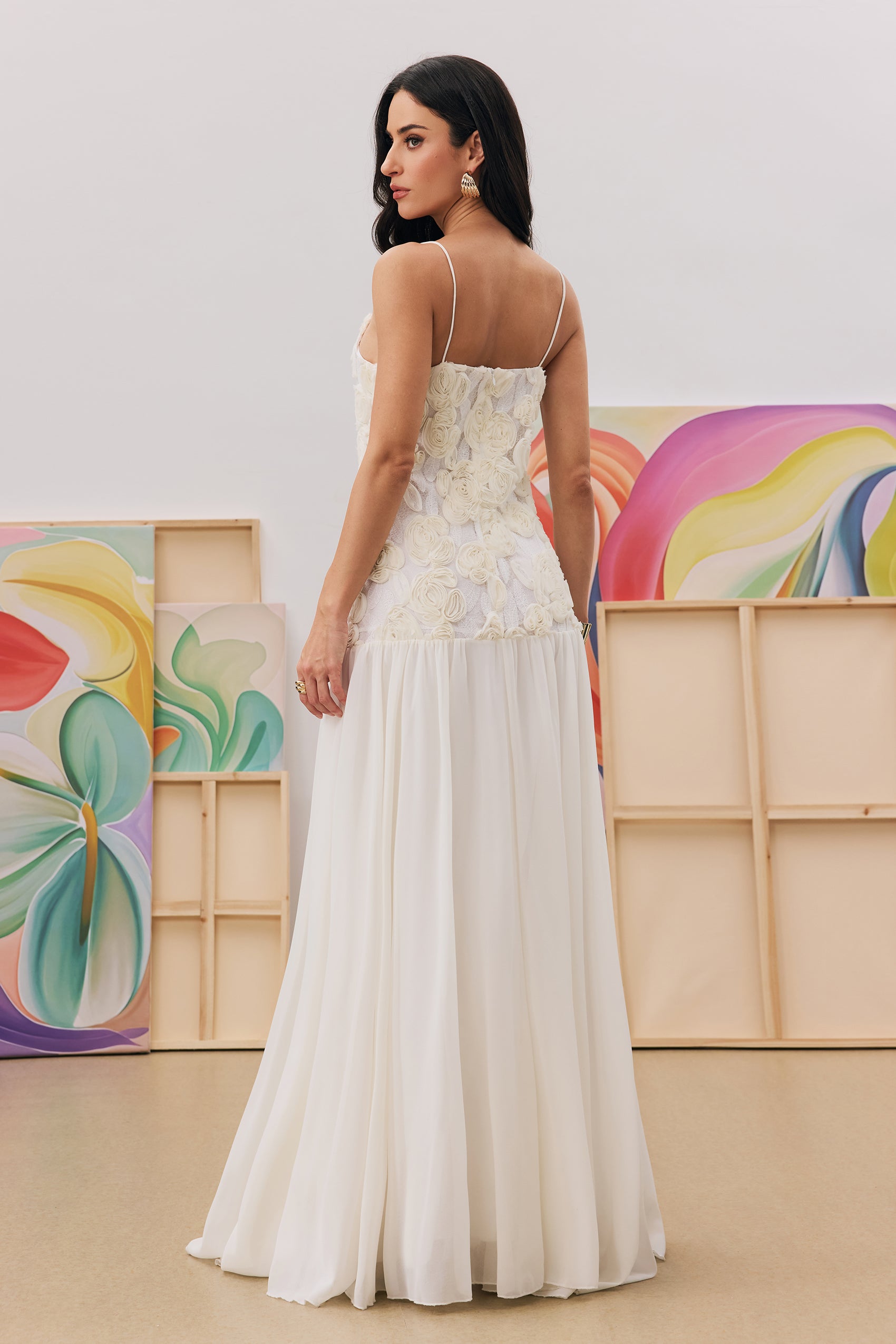Andrea Floral Applique Pleated Chiffon Maxi Dress