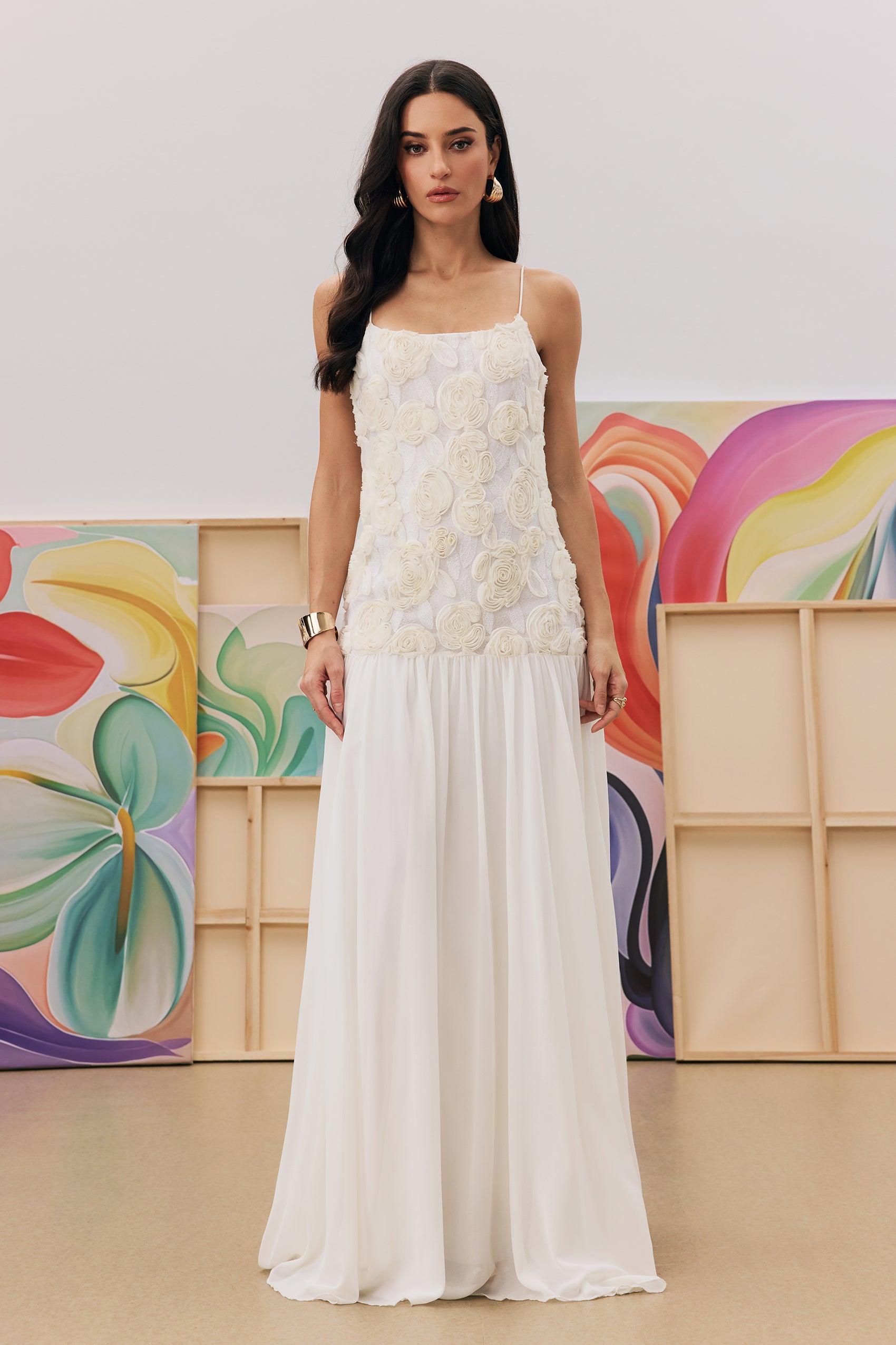 Andrea Floral Applique Pleated Chiffon Maxi Dress
