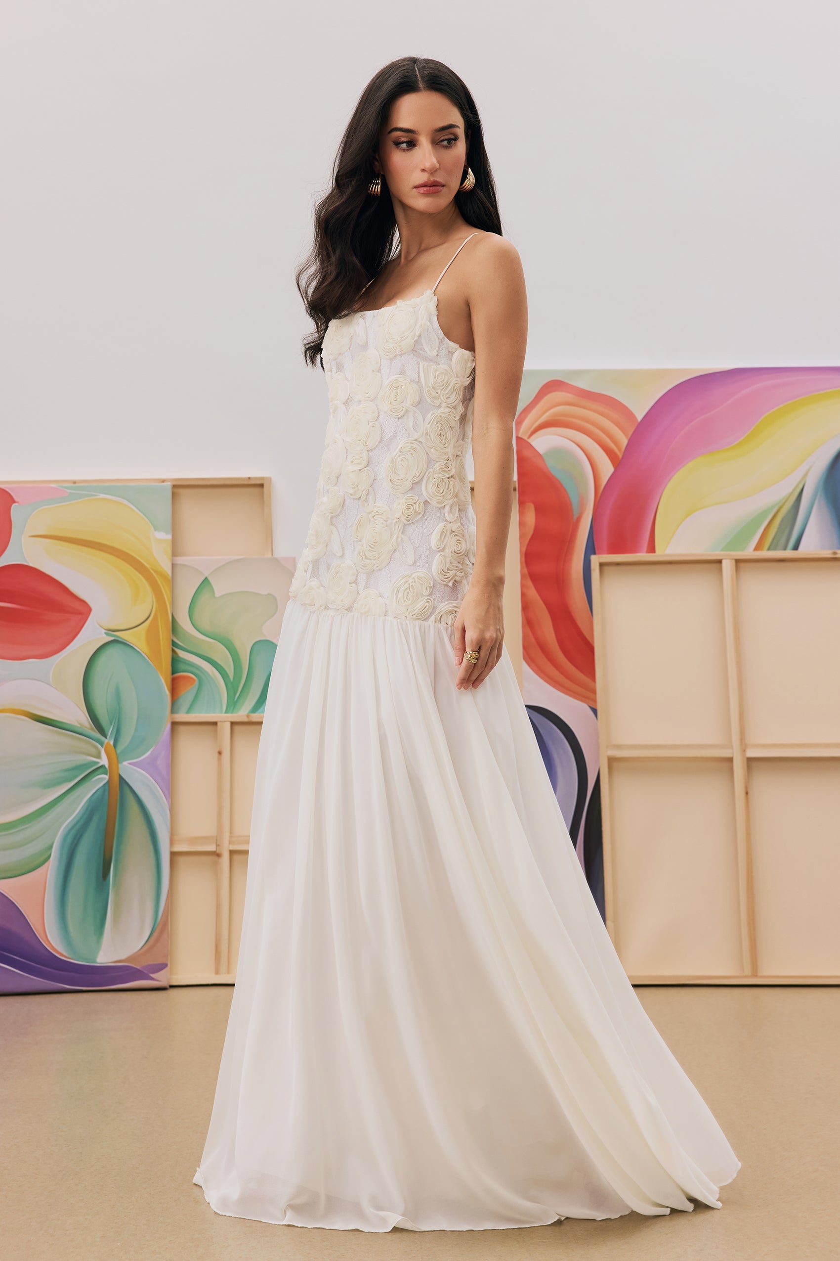 Andrea Floral Applique Pleated Chiffon Maxi Dress