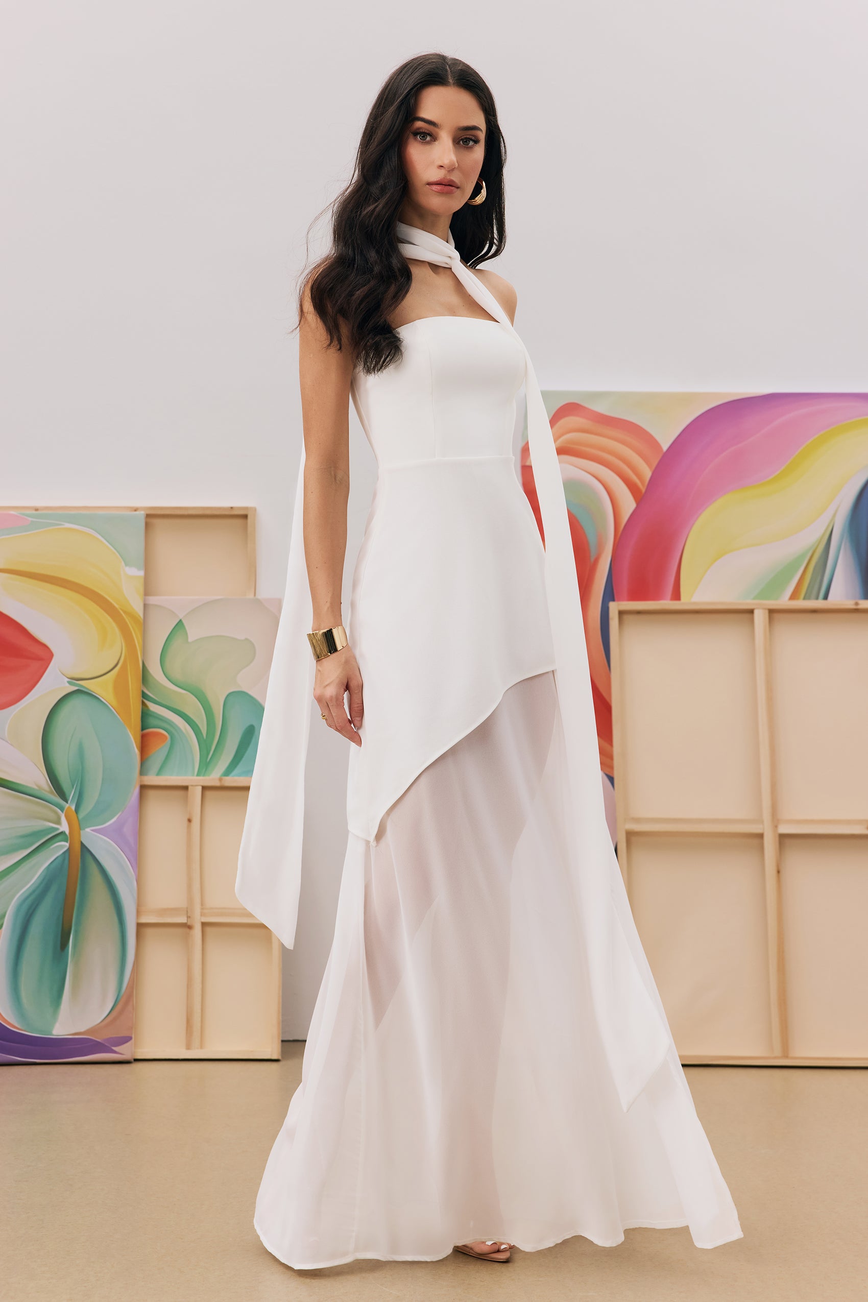 Florence Asymmetrical Chiffon Maxi Dress with Scarf