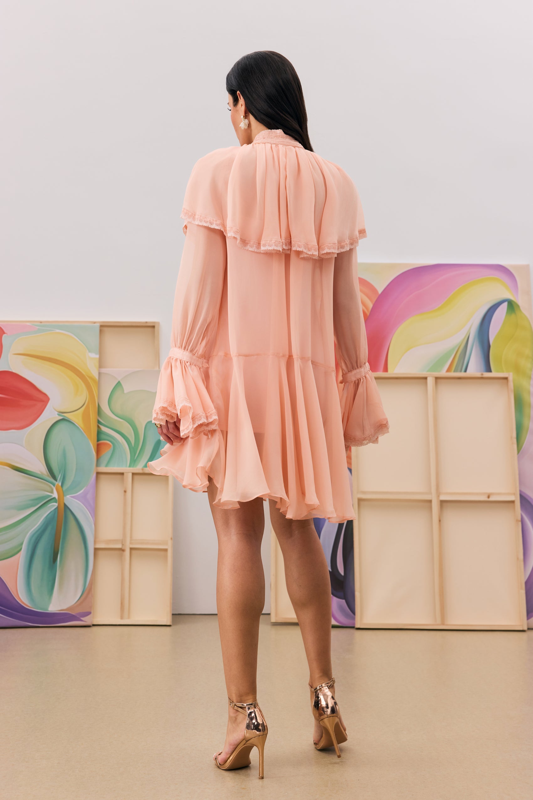 Priscilla V-neck Ruffle Trim Chiffon Mini Dress