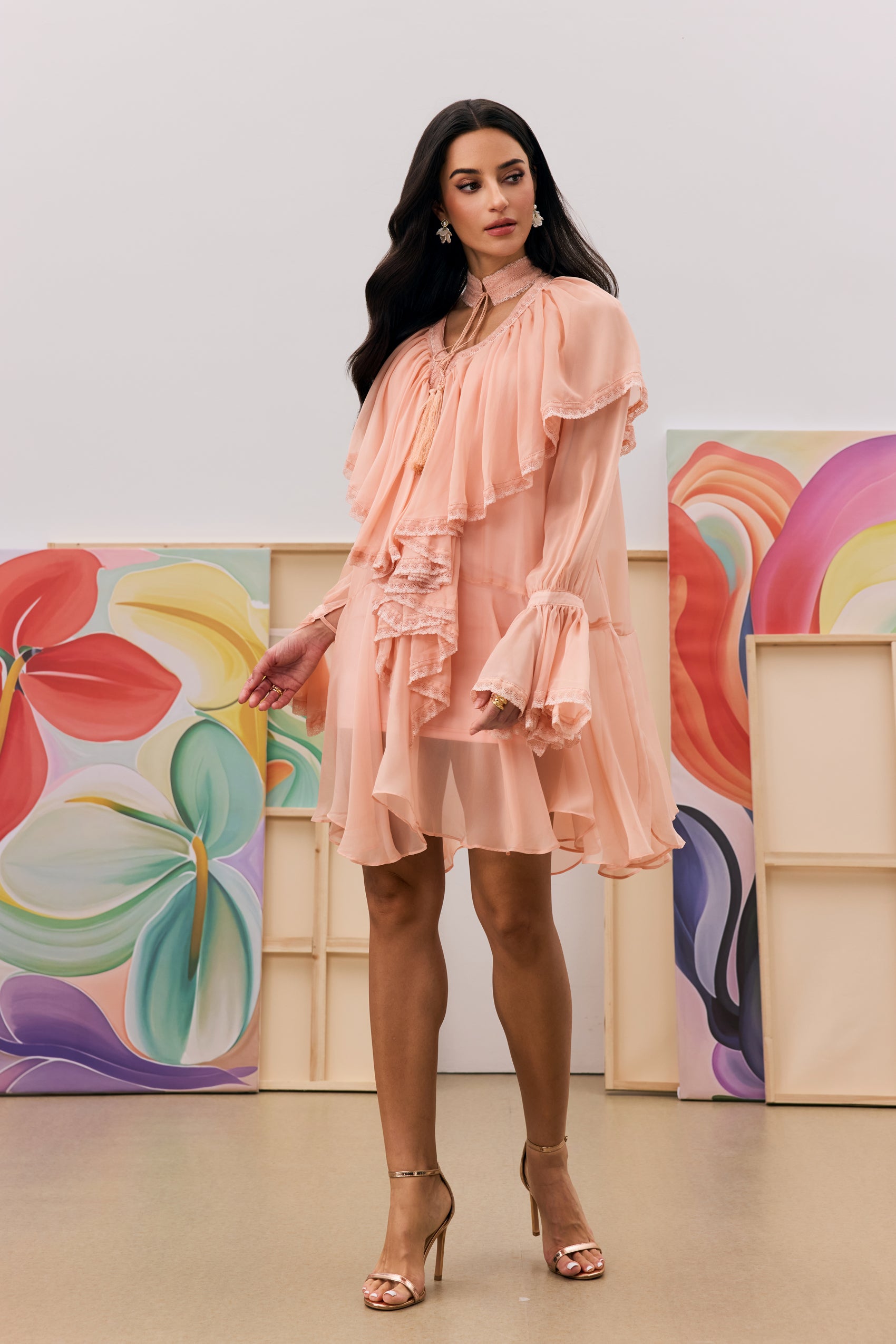 Priscilla V-neck Ruffle Trim Chiffon Mini Dress