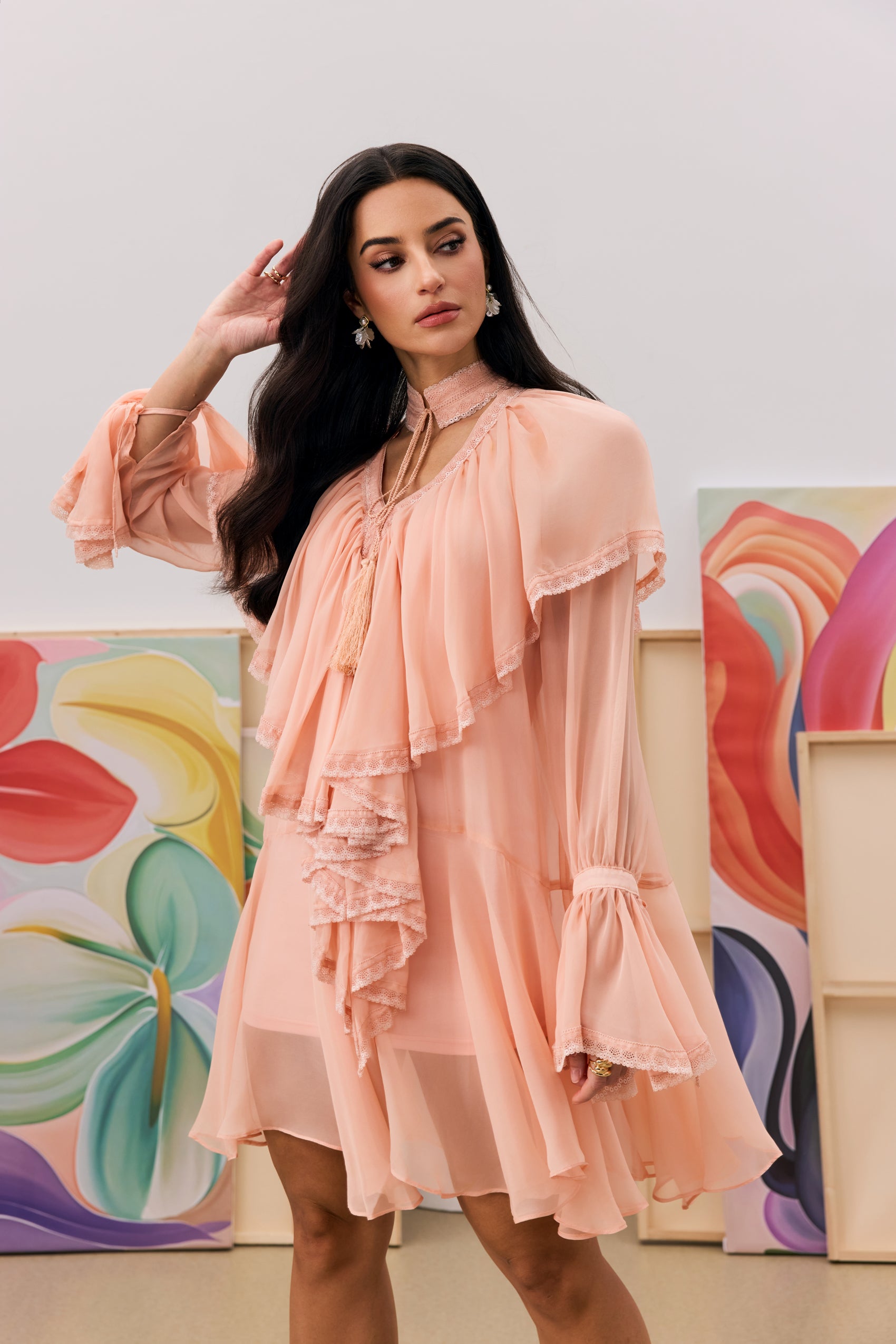 Priscilla V-neck Ruffle Trim Chiffon Mini Dress