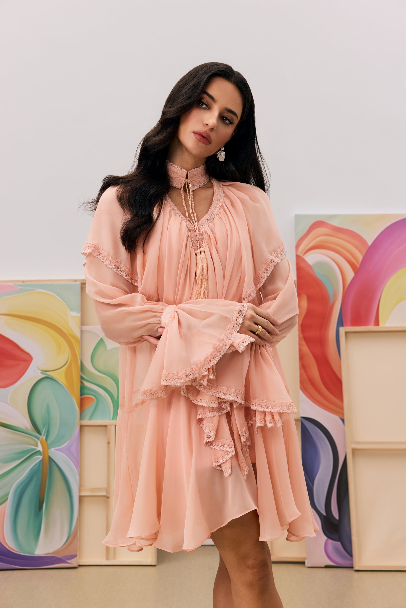 Priscilla V-neck Ruffle Trim Chiffon Mini Dress