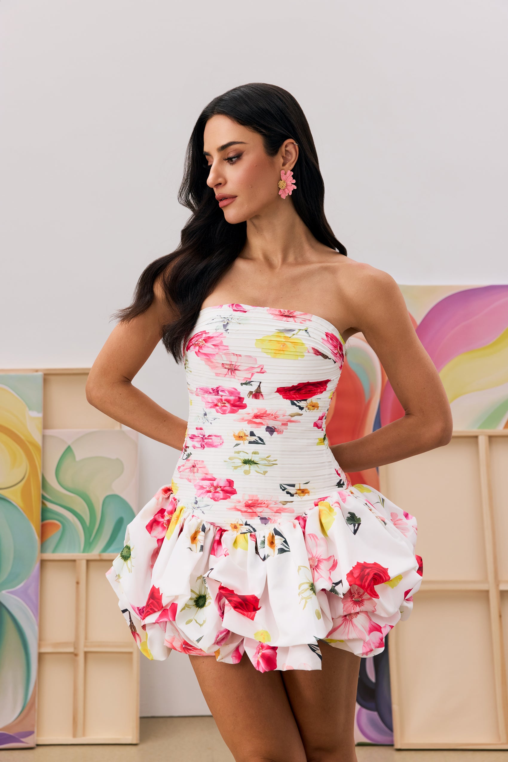 Adela Floral Print Bubble Hem Mini Dress