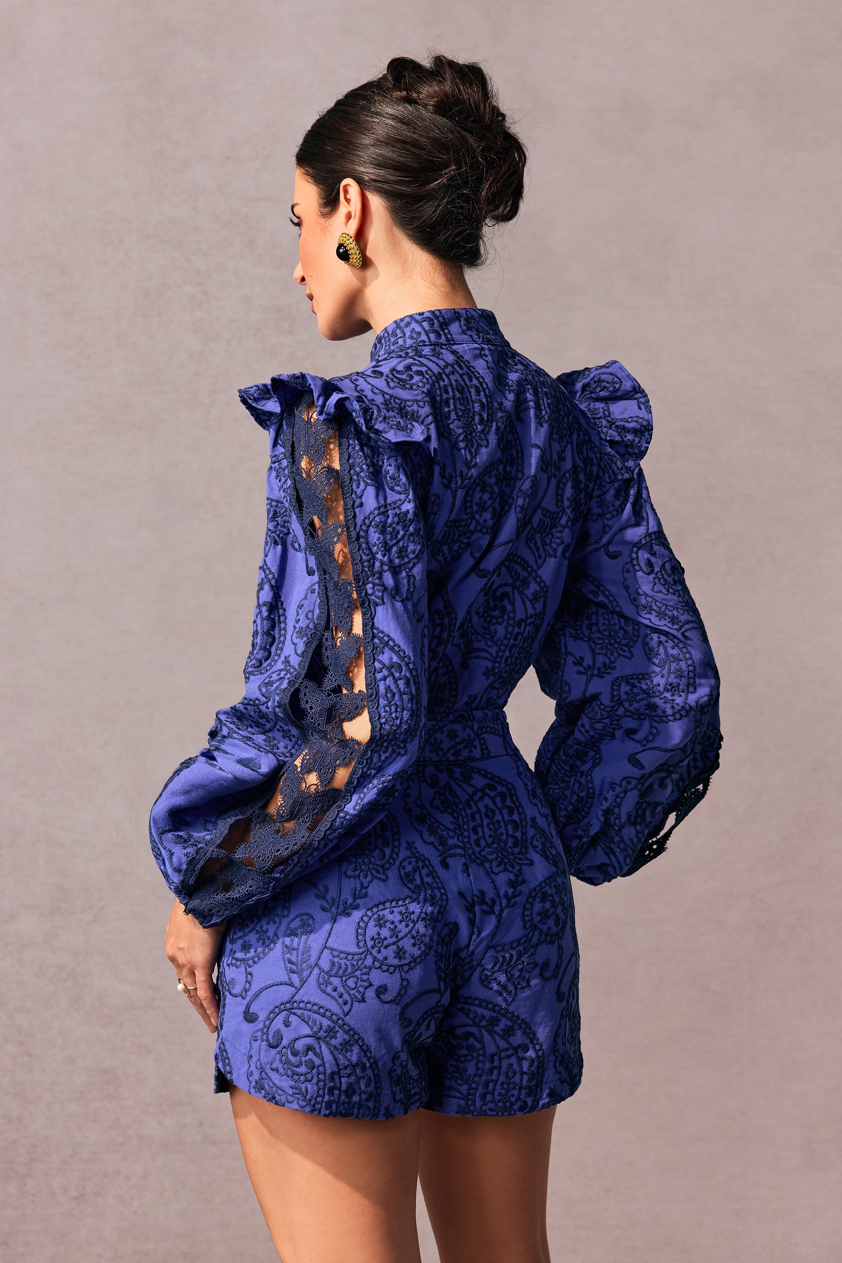 Lena Paisley Embroidered Puff Sleeve Romper