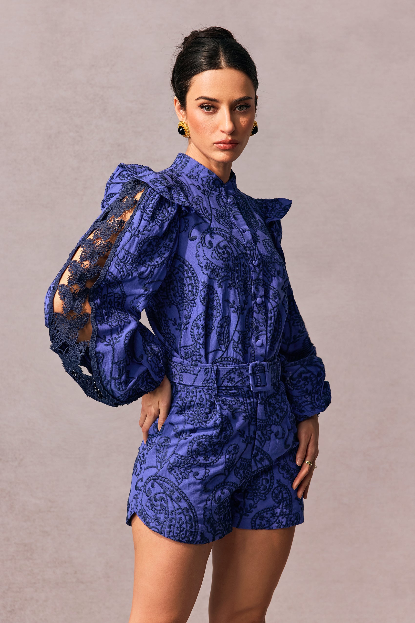 Lena Paisley Embroidered Puff Sleeve Romper