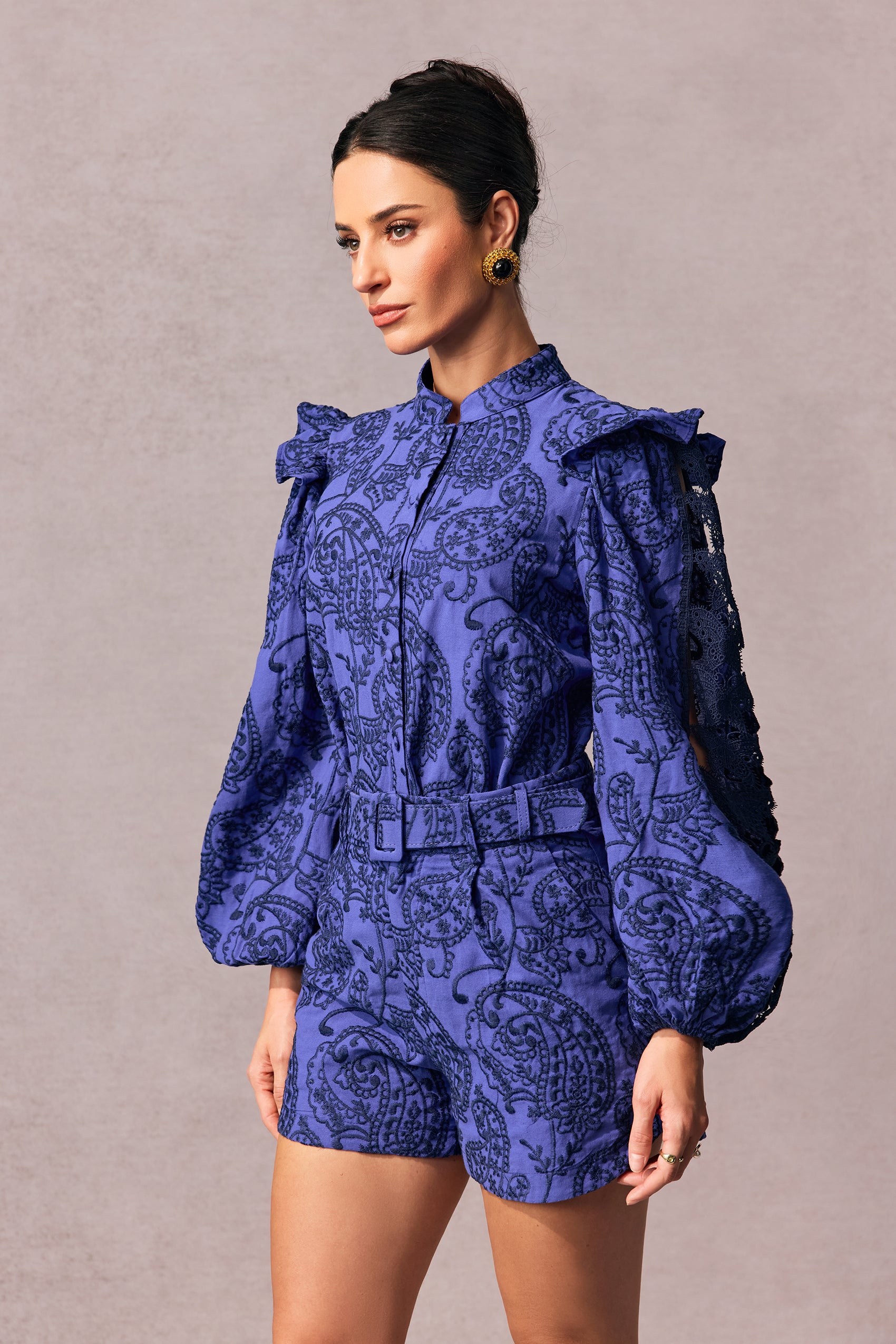 Lena Paisley Embroidered Puff Sleeve Romper
