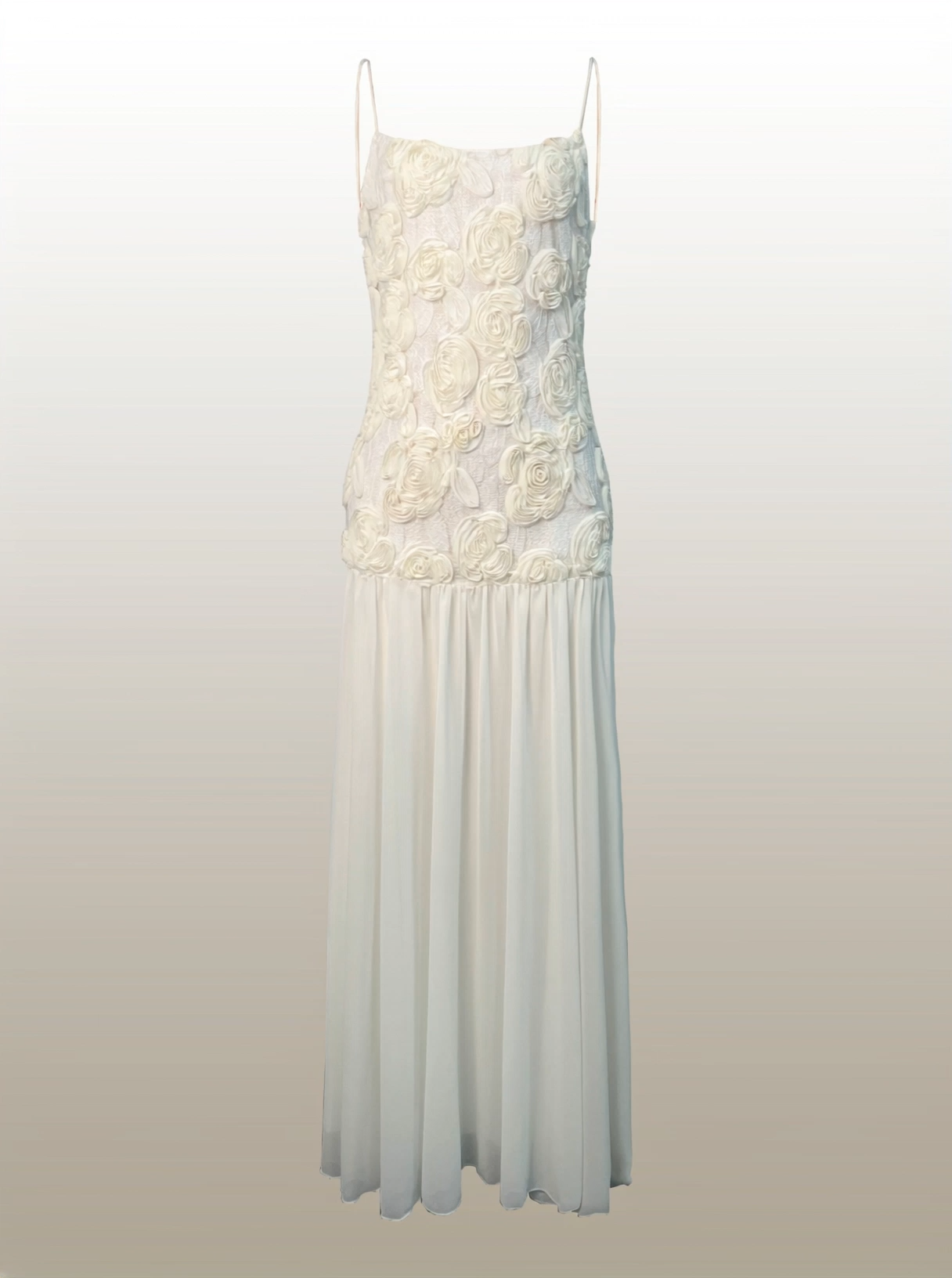 Andrea Floral Applique Pleated Chiffon Maxi Dress
