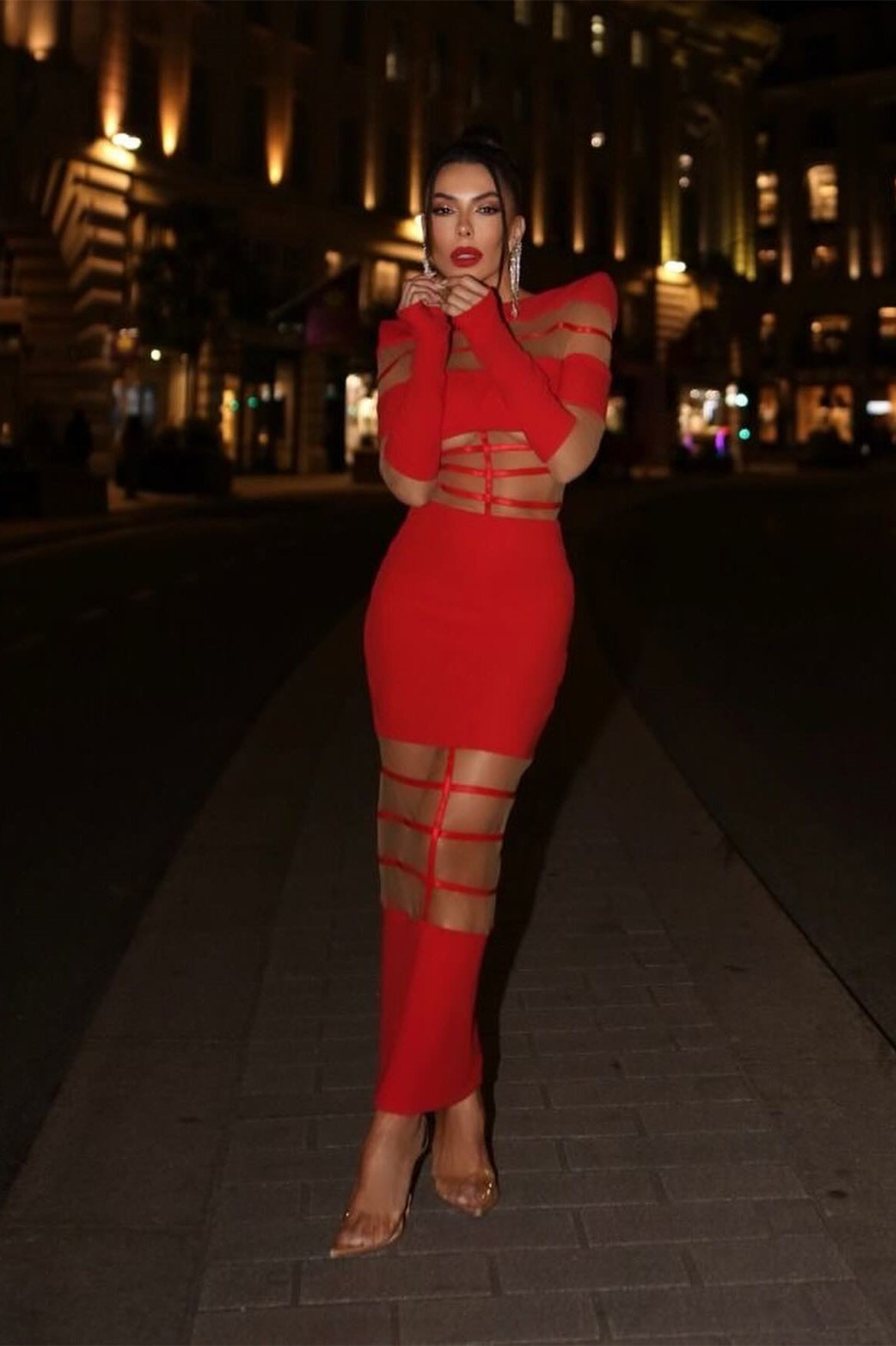 Kelly Long Sleeve Sheer Spliced Midi Dress