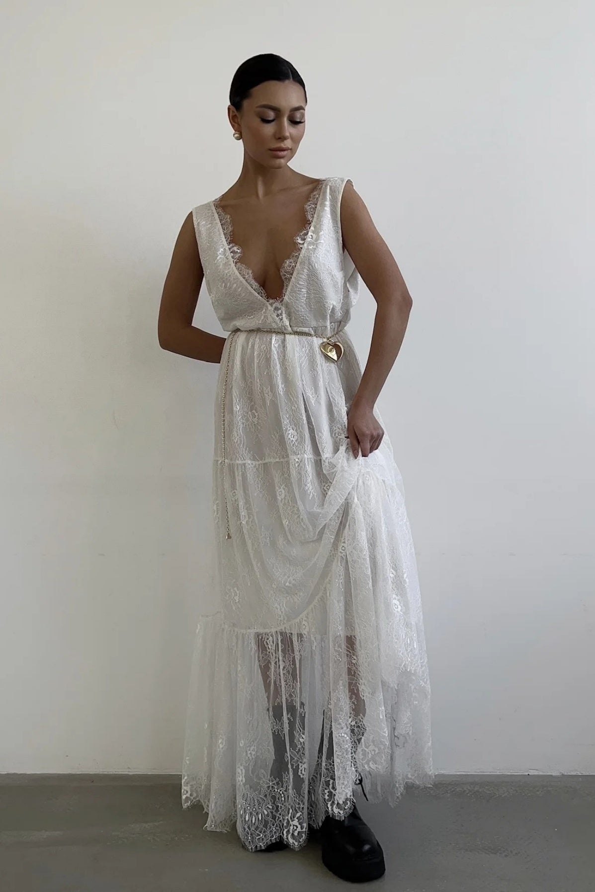 Yvette Deep V Neck Backless Lace Maxi Dress