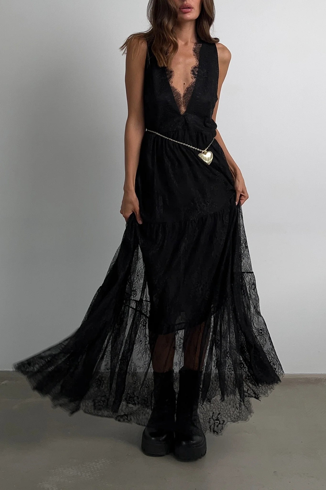 Yvette Deep V Neck Backless Lace Maxi Dress