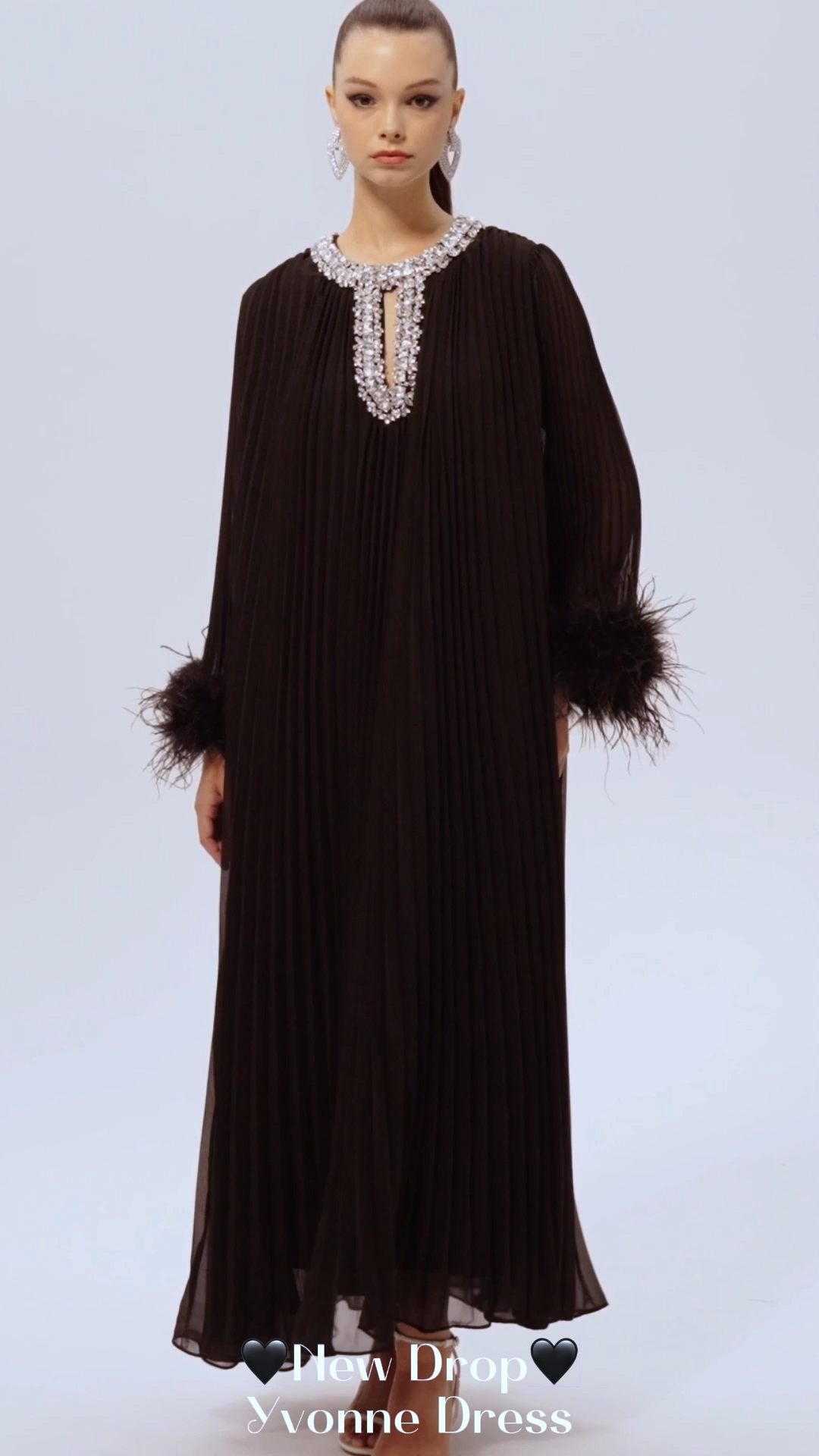 Yvonne Diamante Feathered Pleated Maxi Chiffon Dress