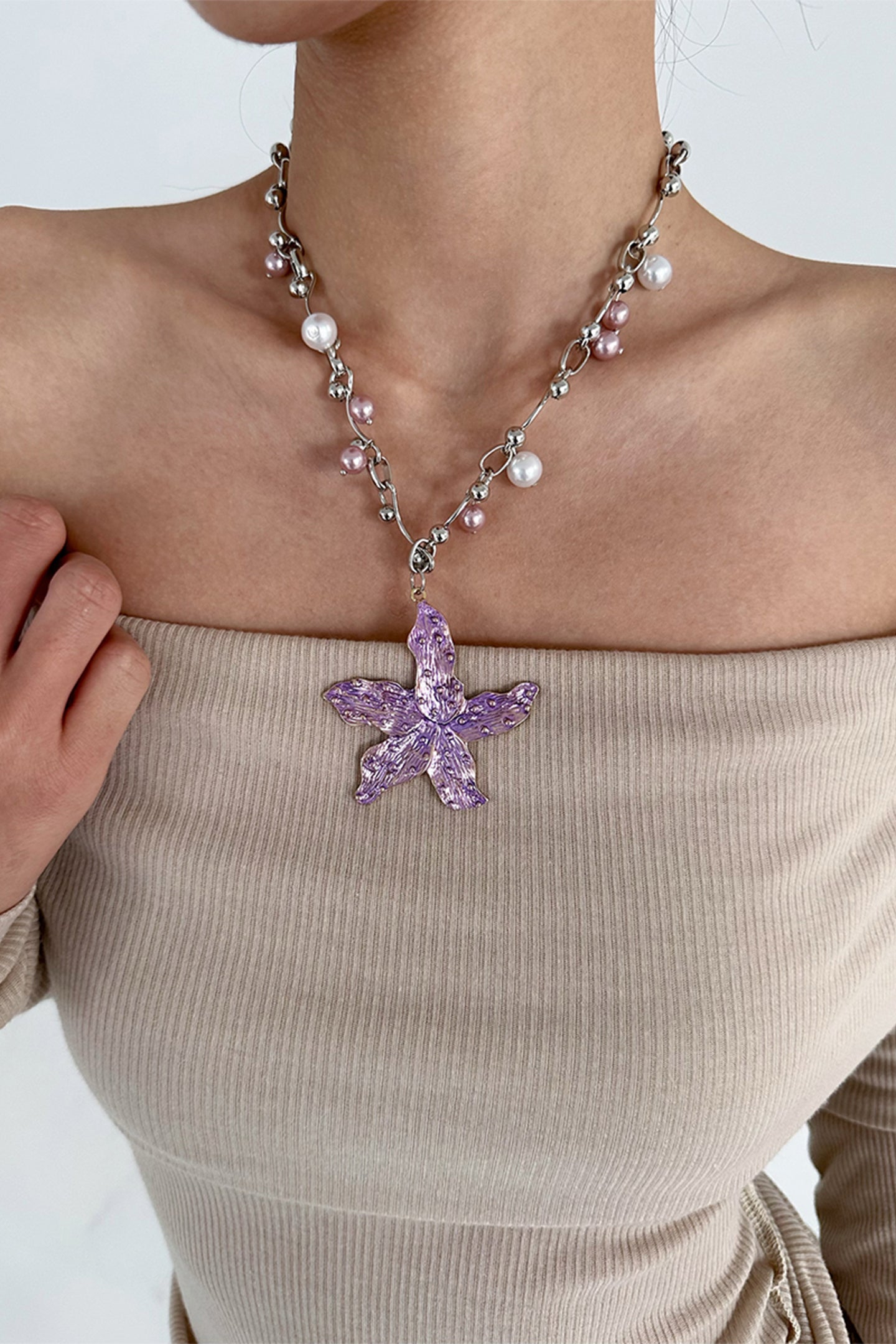 Enameled Star Pearl Necklace