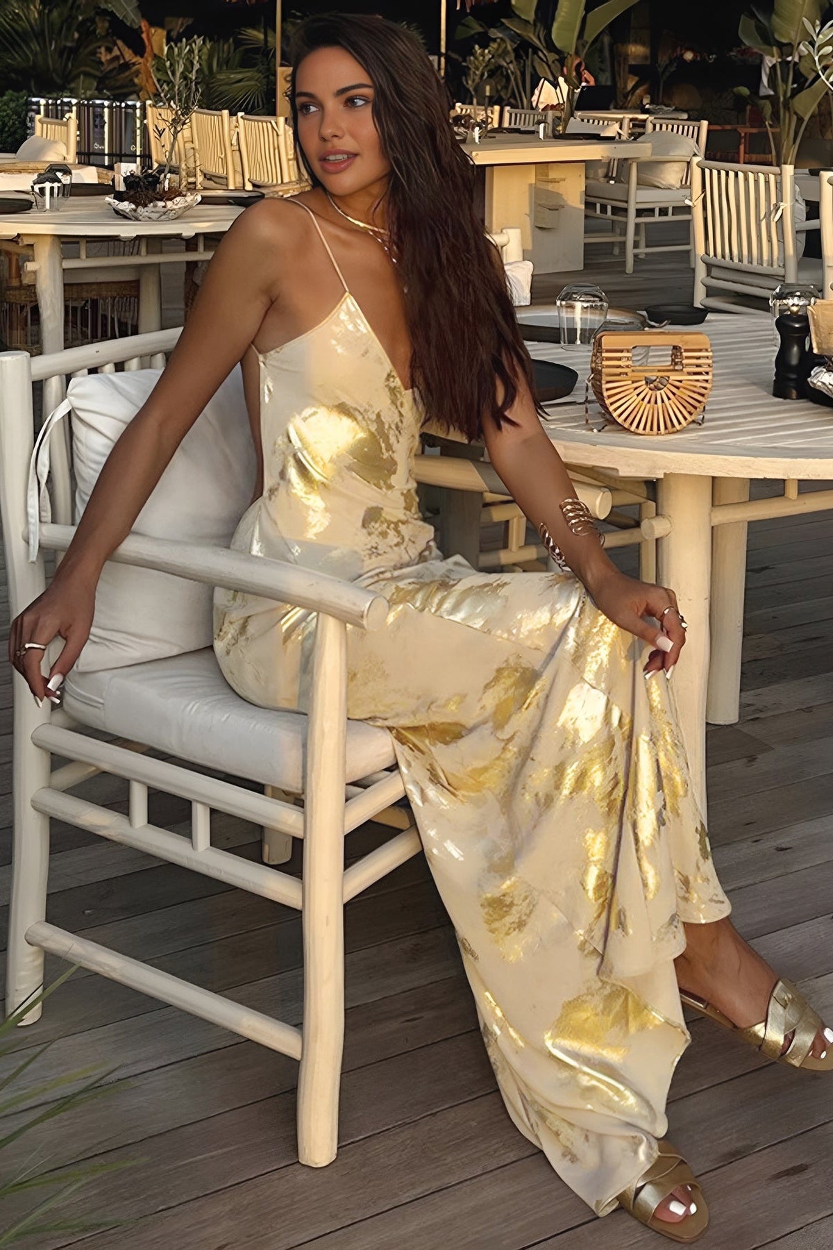 Julie Metallic Print Spaghetti Strap Maxi Dress