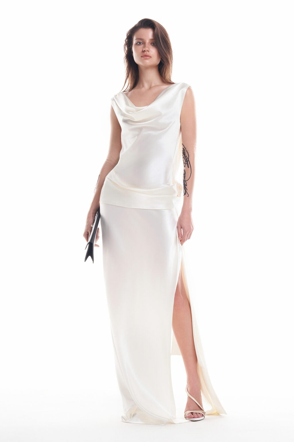 Vera Rose Applique Open Back Satin Maxi Dress