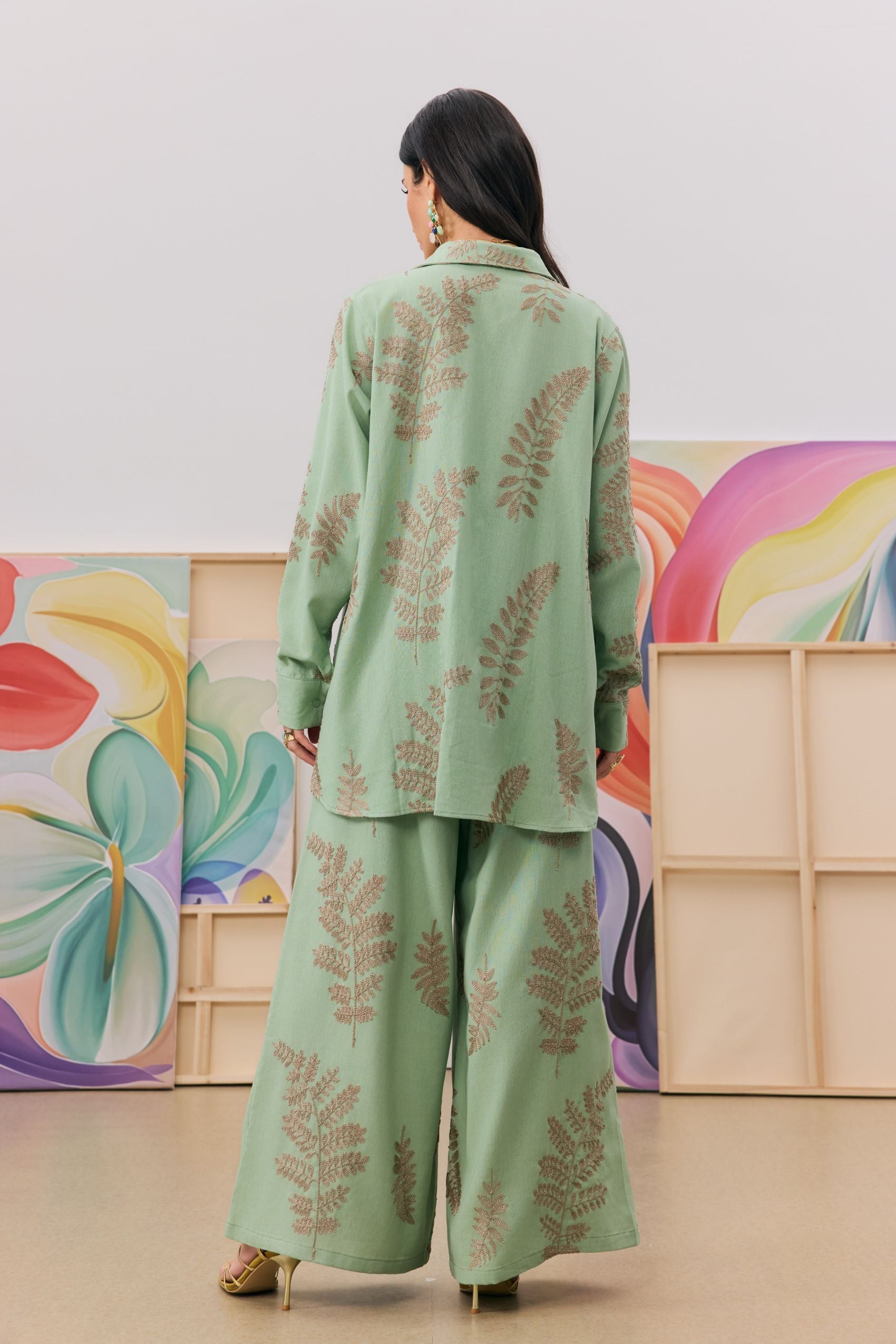 Anastasia Leaf Embroidered Shirt & Wide Leg Pants Set