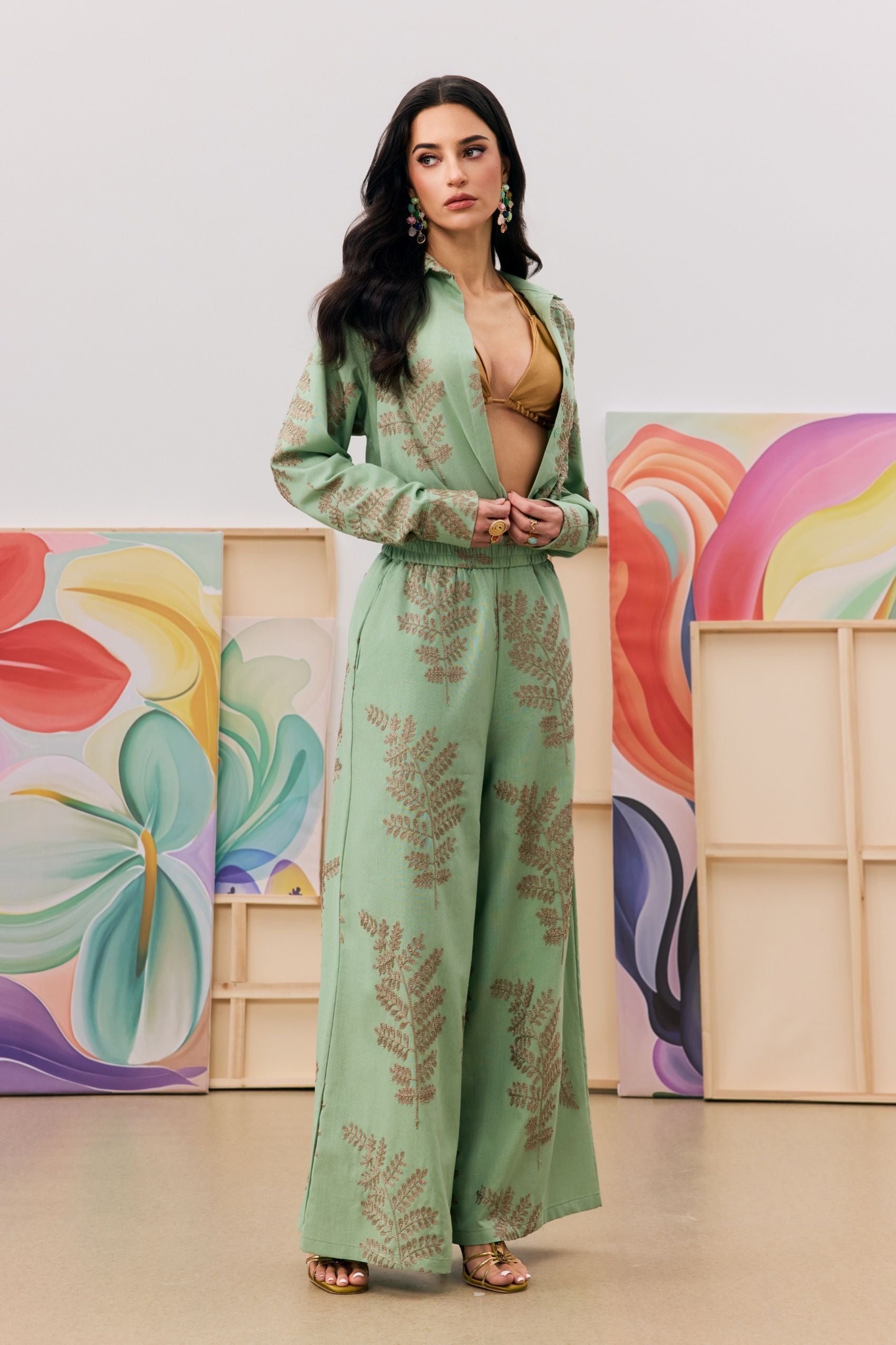 Anastasia Leaf Embroidered Shirt & Wide Leg Pants Set
