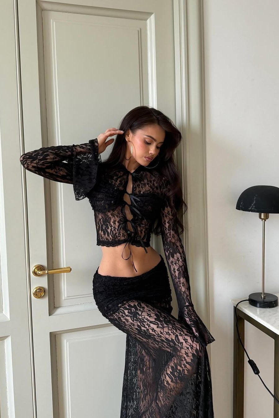Beverly See-Through Lace Top & Skirt Set