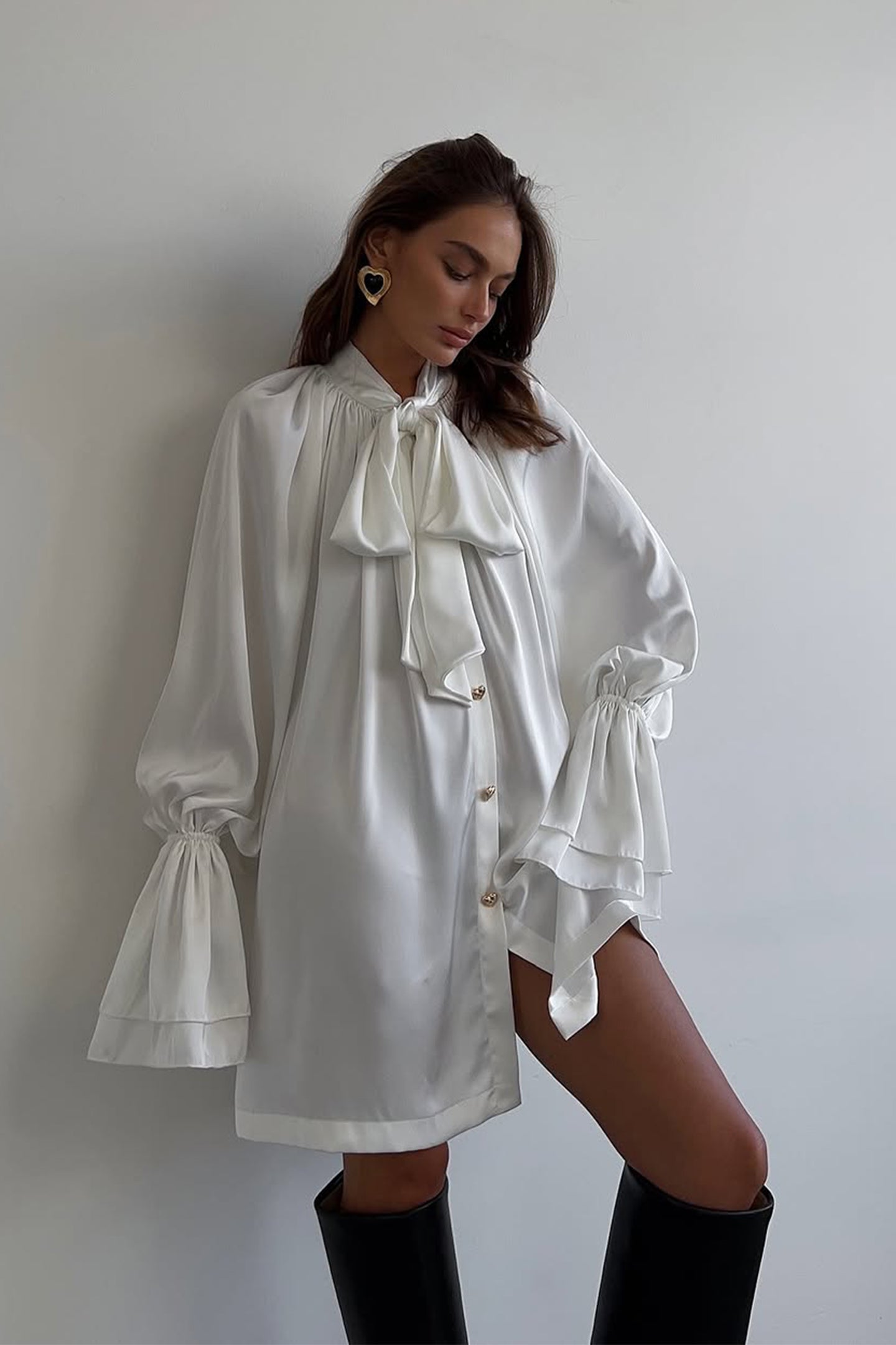 Bradley Tie Neck Satin Mini Shirt Dress