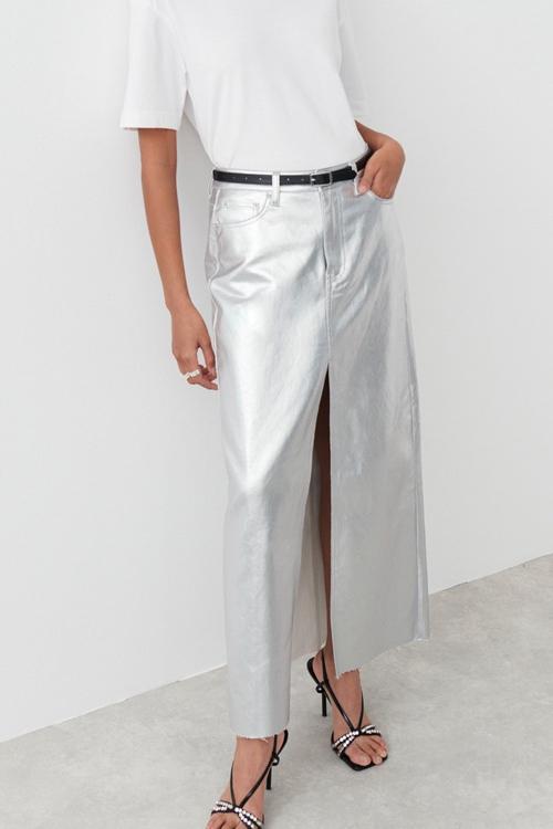 Andrey Metallic Midi Slit Skirt