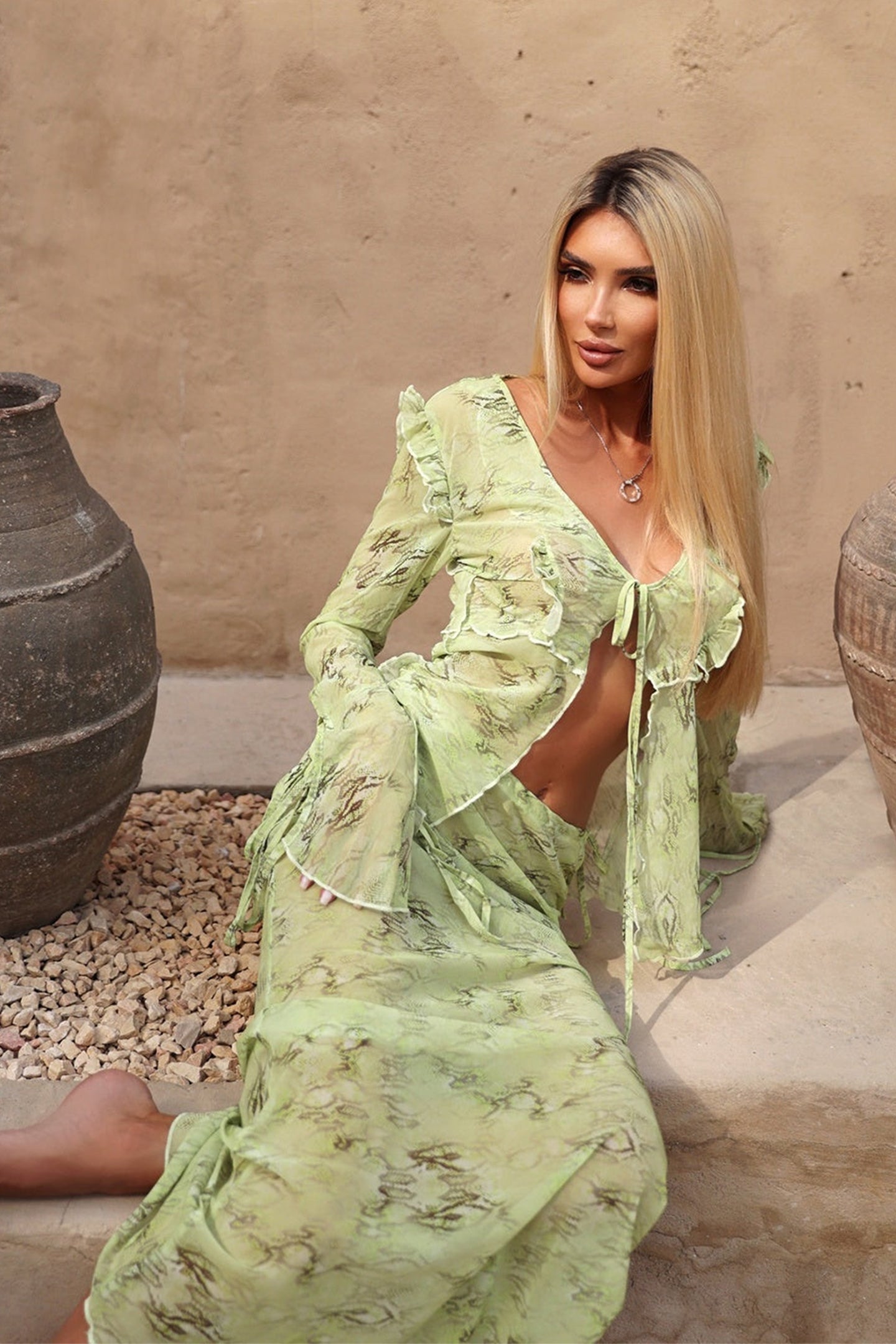 Jodie Ruffled Lace Up Two-Piece Set