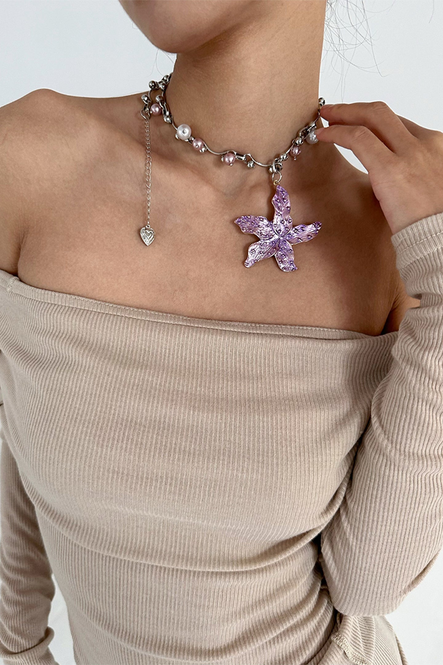 Enameled Star Pearl Necklace