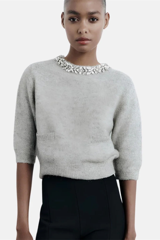 Round Neck Crystal Embellished Knit Jumper