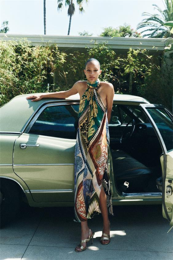 Jessica Printed Halterneck Midi Silp Dress