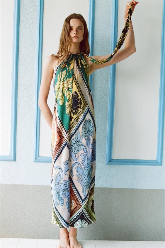 Jessica Printed Halterneck Midi Silp Dress