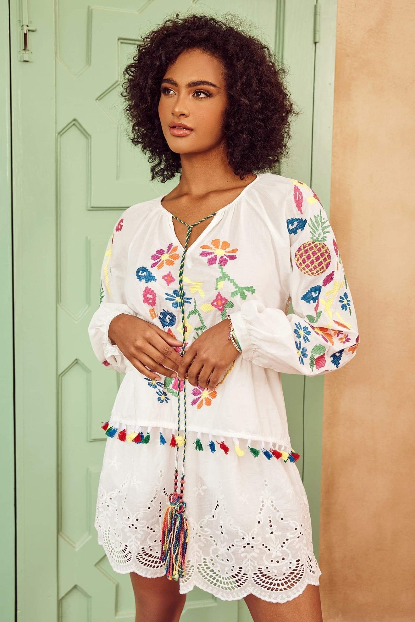 Kyndall Embroidered Floral Tassel Blouse