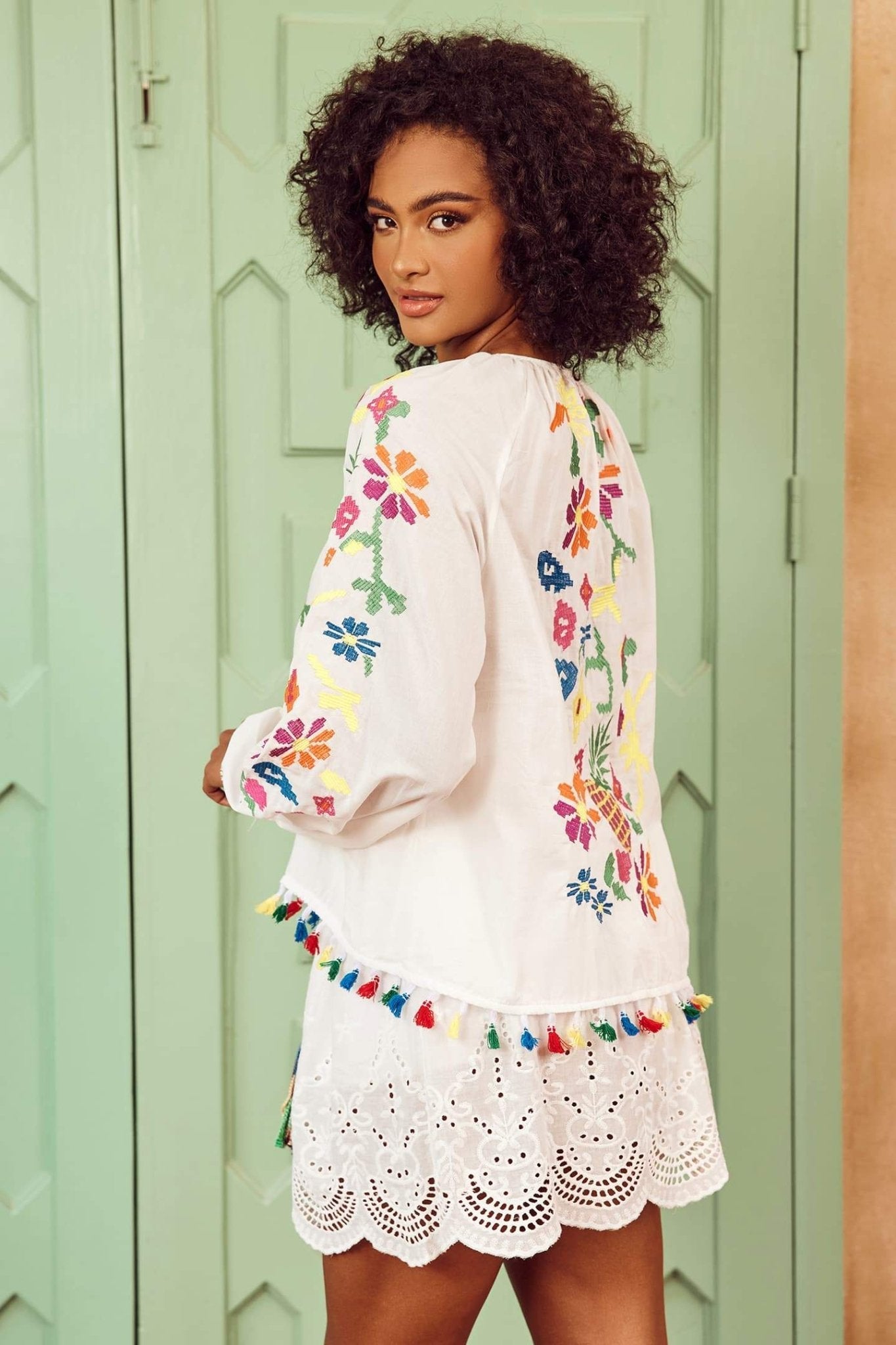 Kyndall Embroidered Floral Tassel Blouse