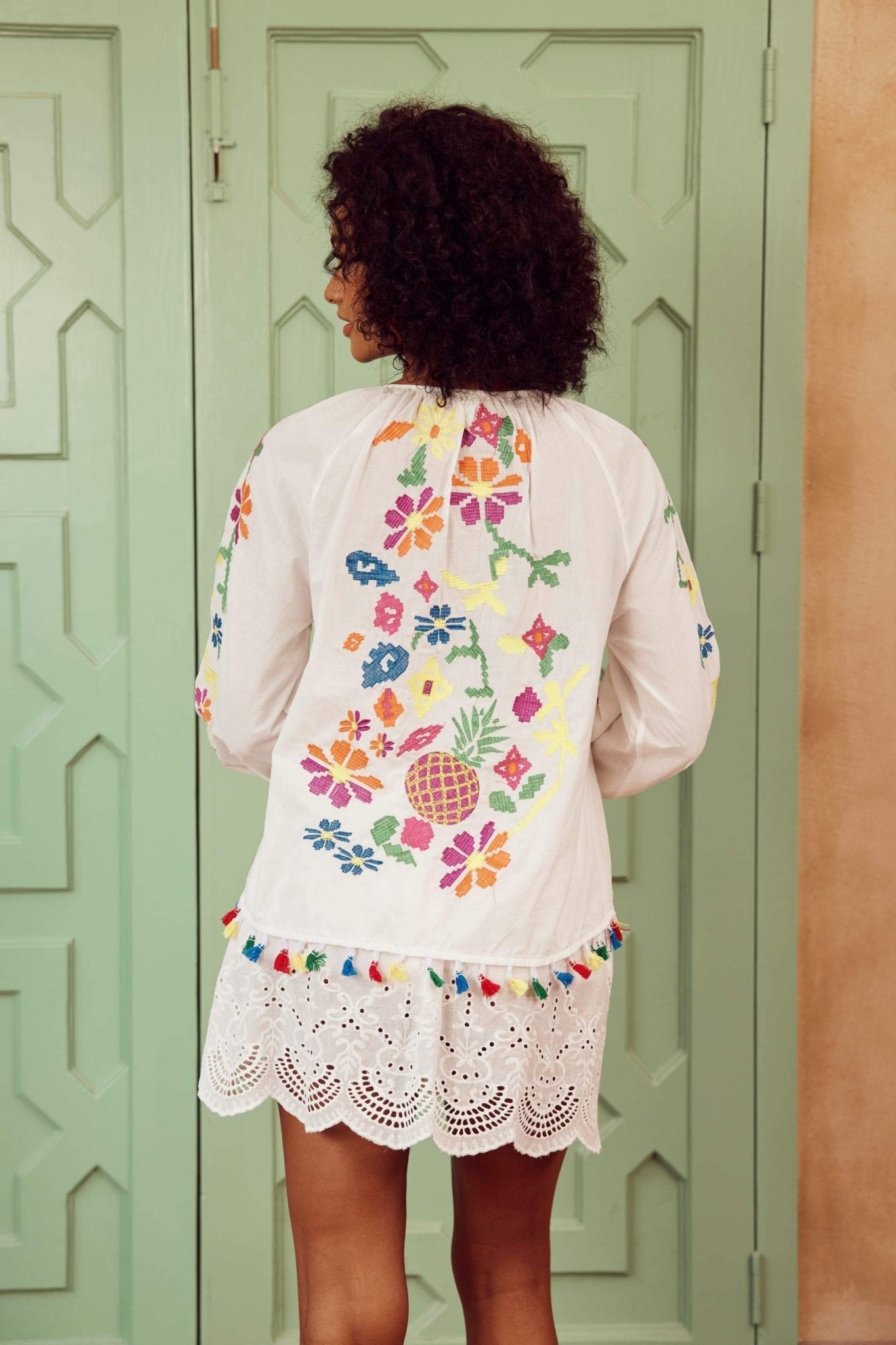 Kyndall Embroidered Floral Tassel Blouse