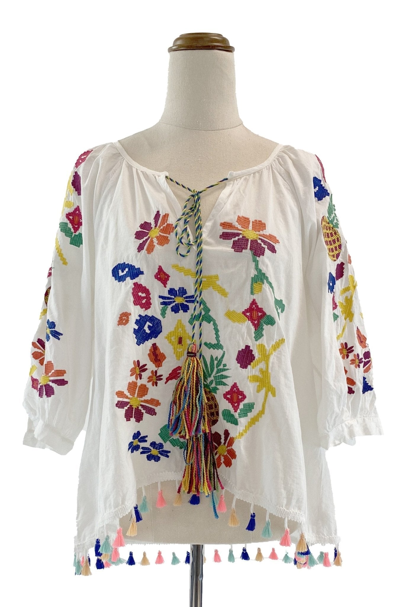 Kyndall Embroidered Floral Tassel Blouse
