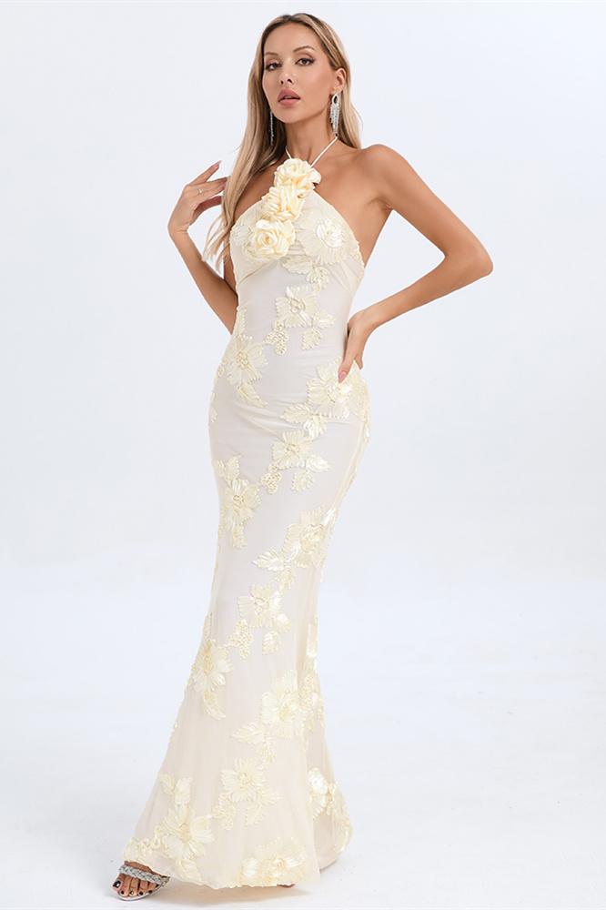 Lorraine Halter Emboidered Floral Maxi Dress