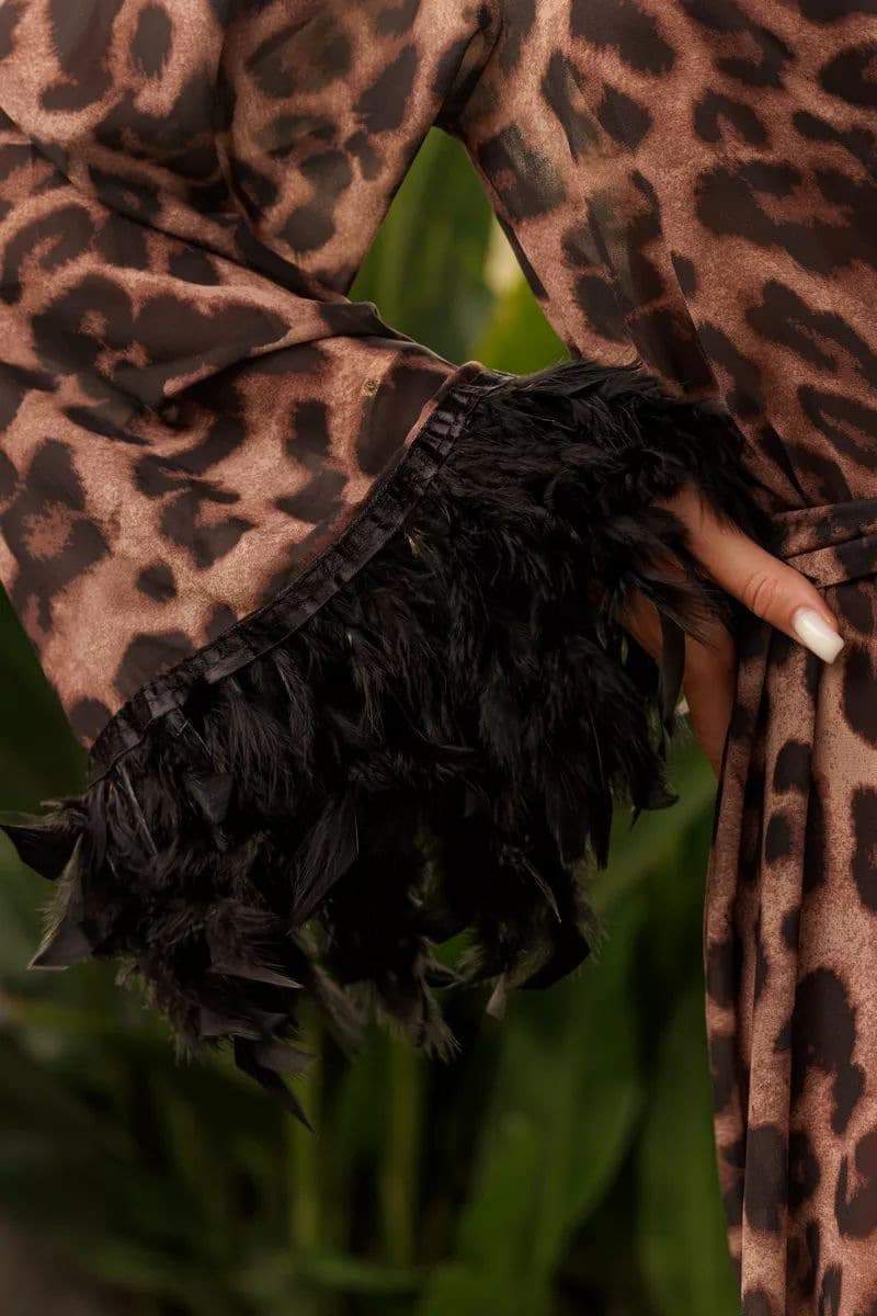 Natalie Leopard Print Feather Maxi Robe