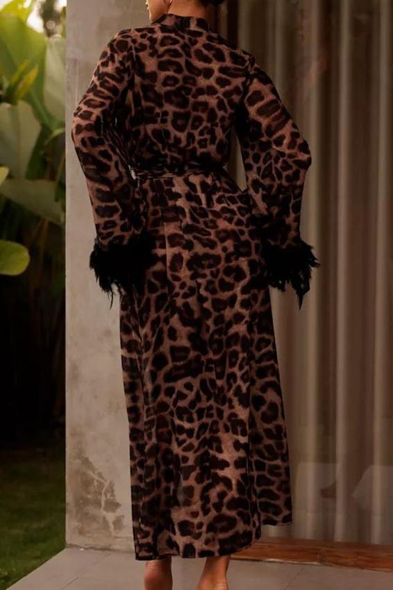 Natalie Leopard Print Feather Maxi Robe