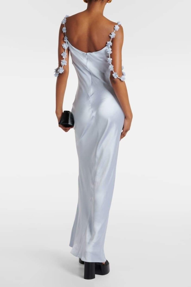 Olive Floral-applique Satin Maxi Dress