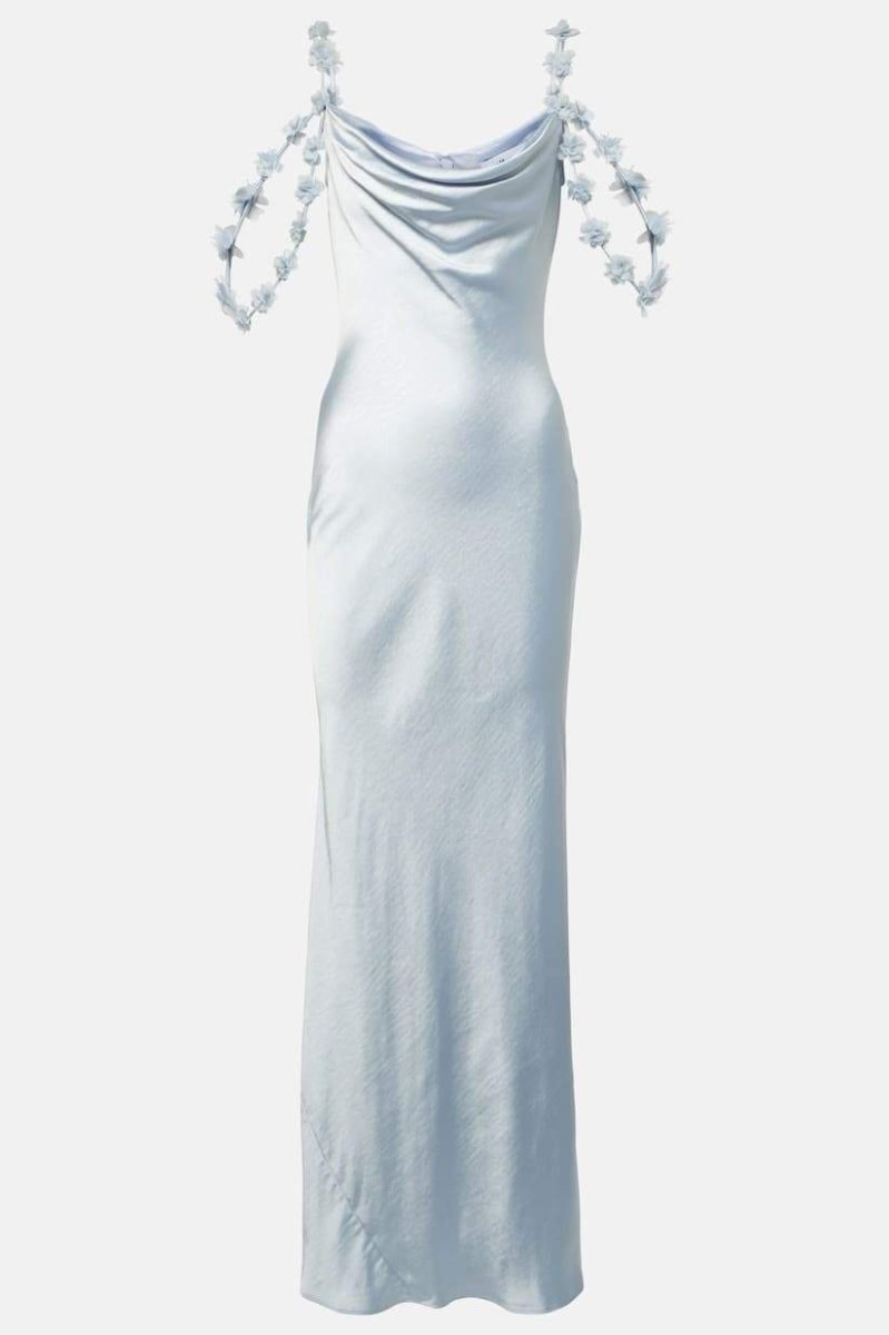 Olive Floral-applique Satin Maxi Dress