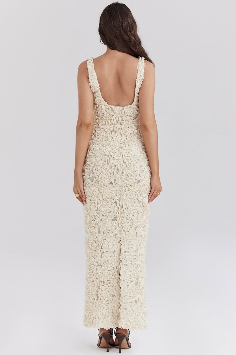 Floral Applique V-neck Maxi Mesh Dress