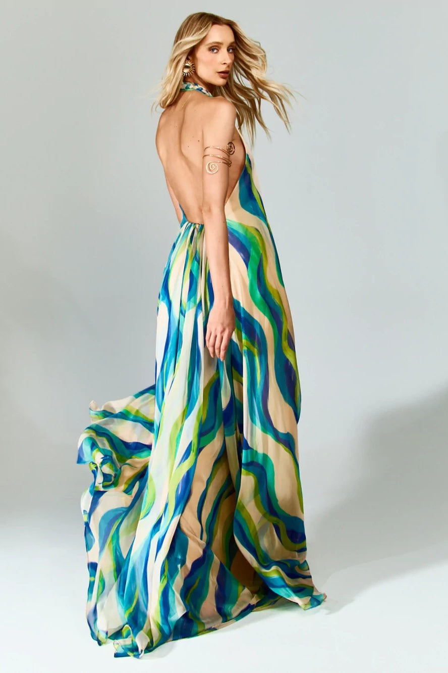 Sylvia Halter Neck Abstract Print Maxi Dress