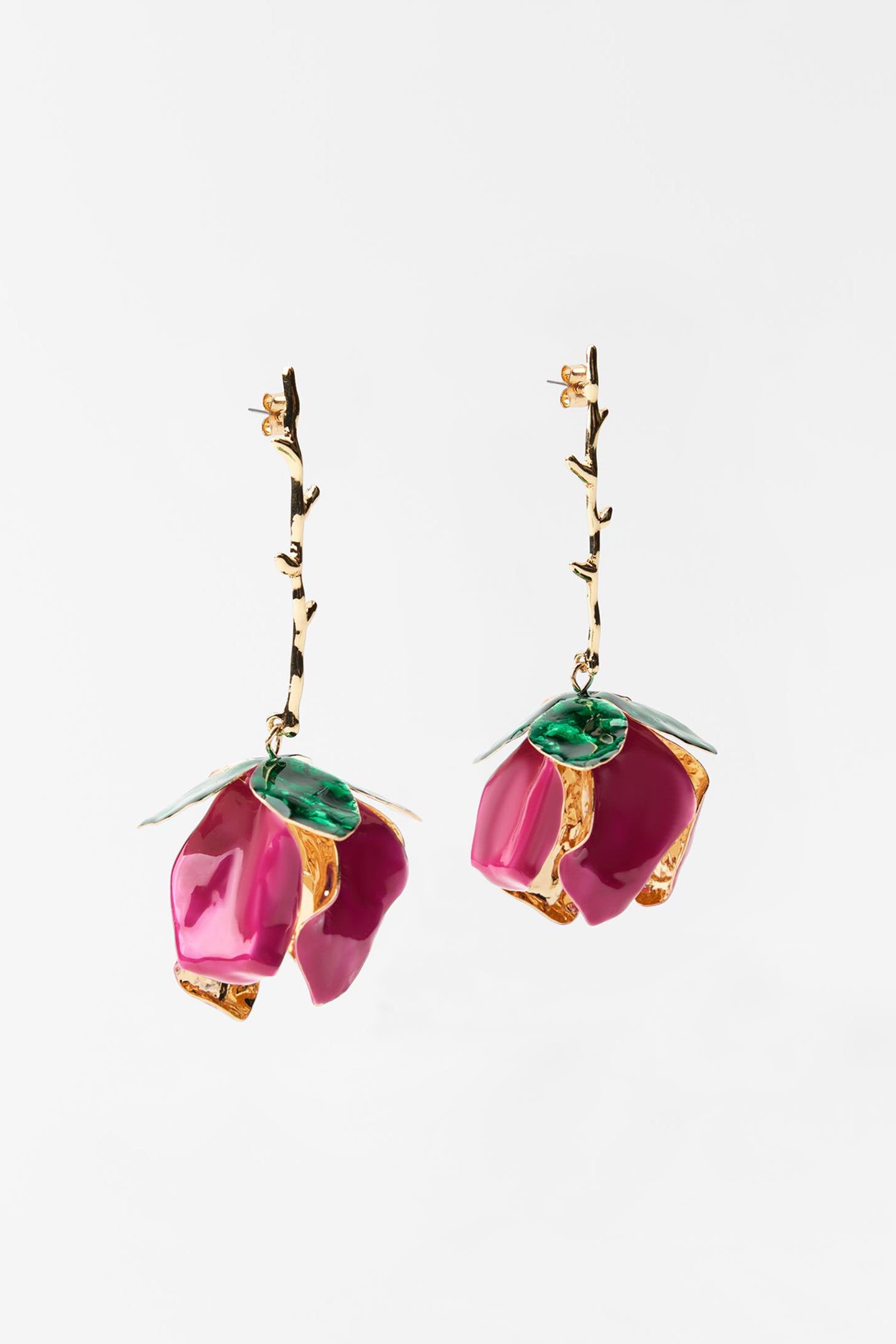 Enamelled Rose Drop Earrings