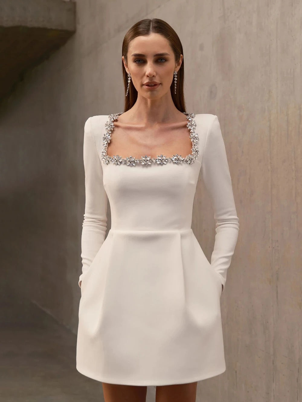 Alexia Square Collar Rhinestone Trim Mini Dress