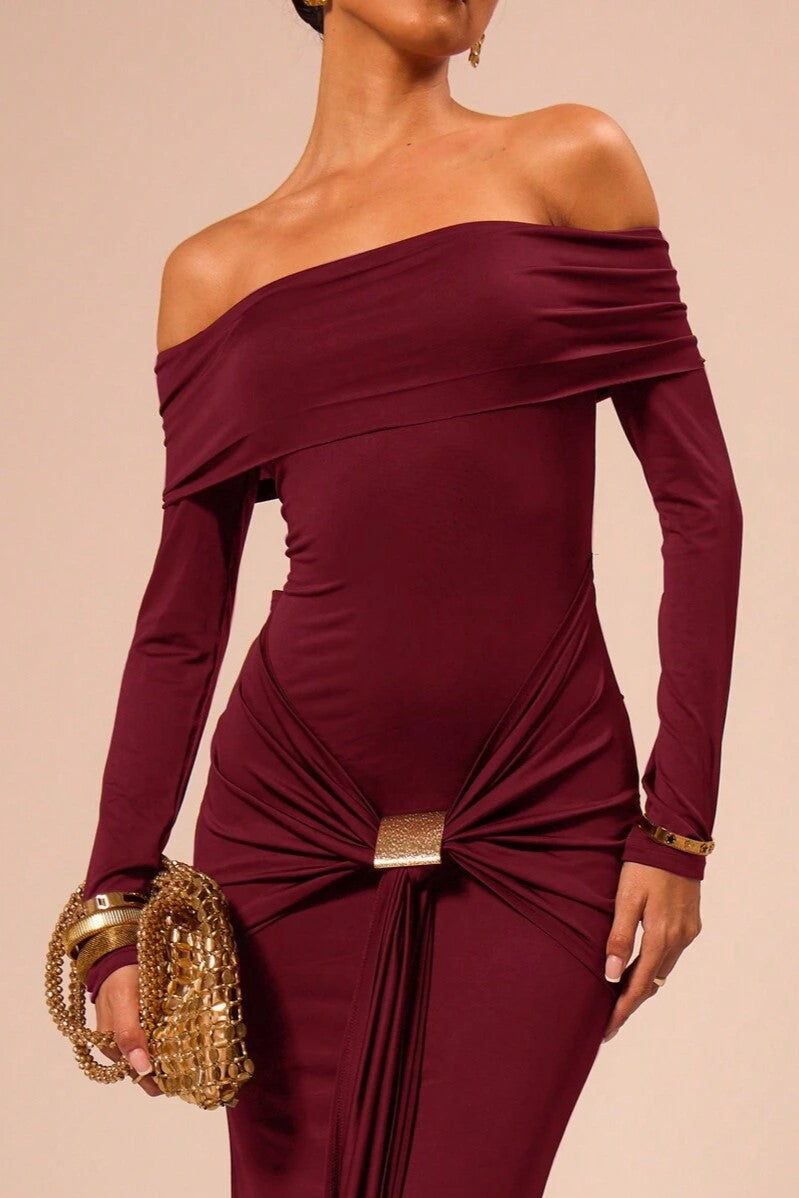 Aditi Pleated Off Shoulder Maxi Dress