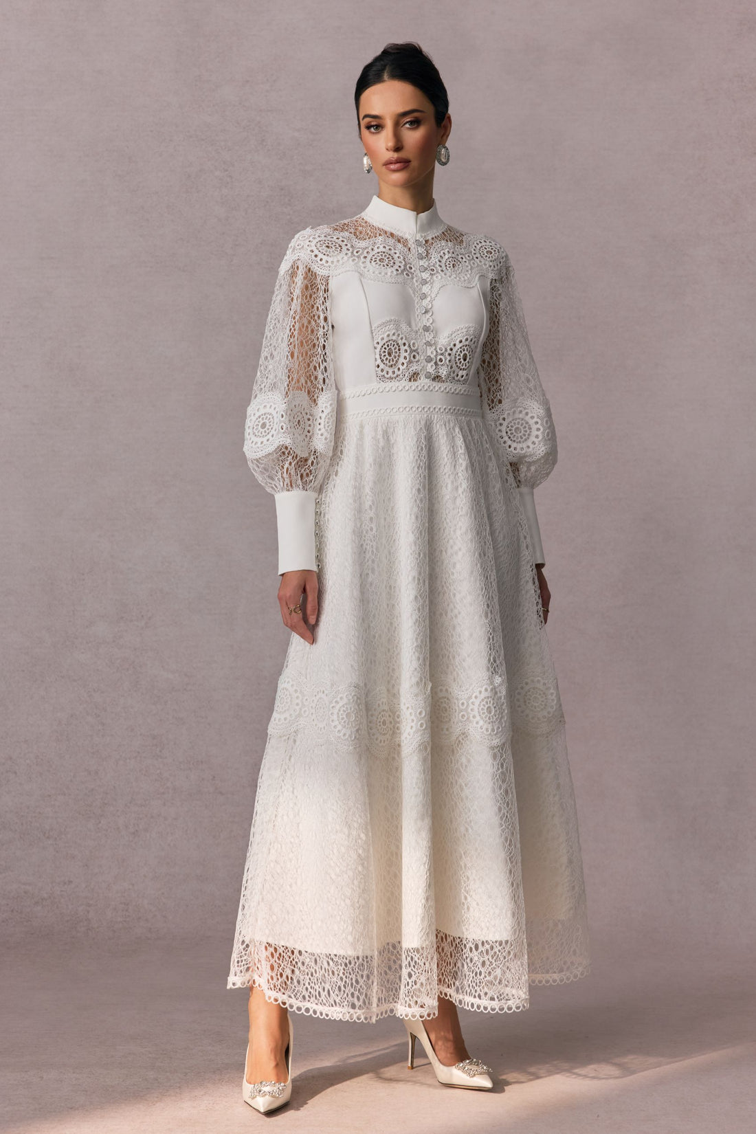 Charlotte High Neck Puff Sleeve Lace Maxi Dress
