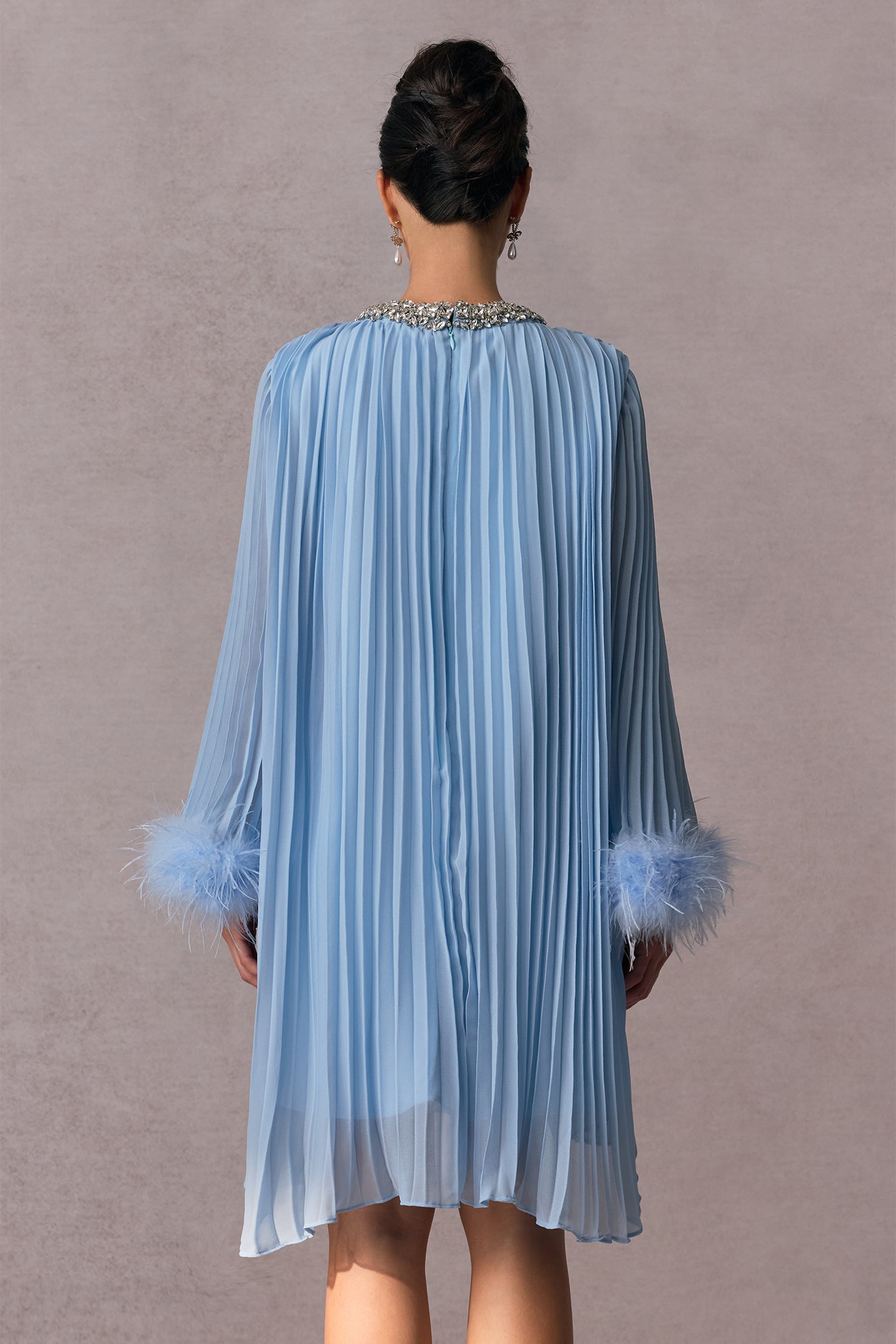 Gabrielle Diamante Feathered Pleated Chiffon Mini Dress